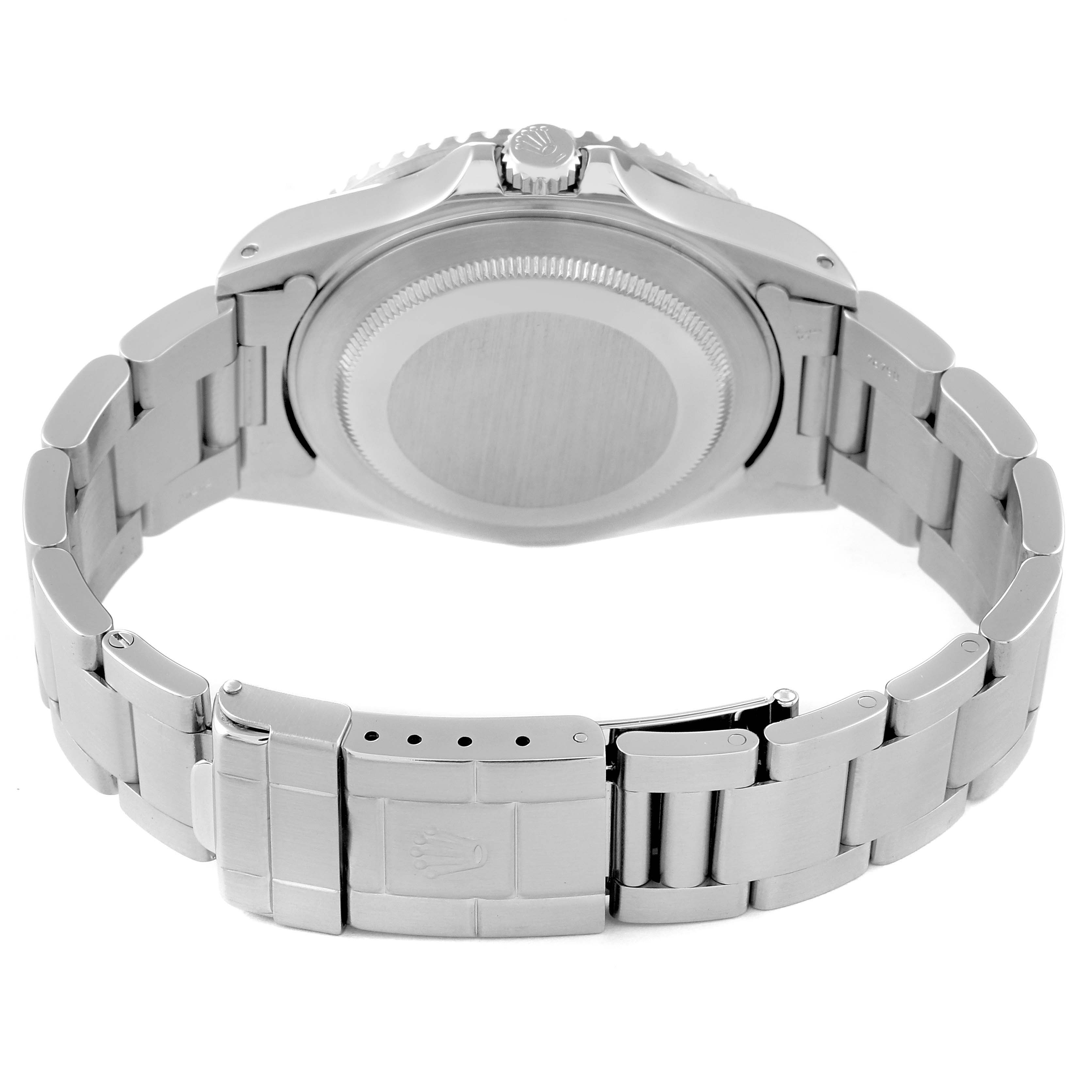 The image shows the back view of a Rolex GMT-Master 16710 Men's Stainless Steel Black Dial 16710 Men's Stainless Steel Black Dial watch, highlighting its case, bracelet, and clasp.