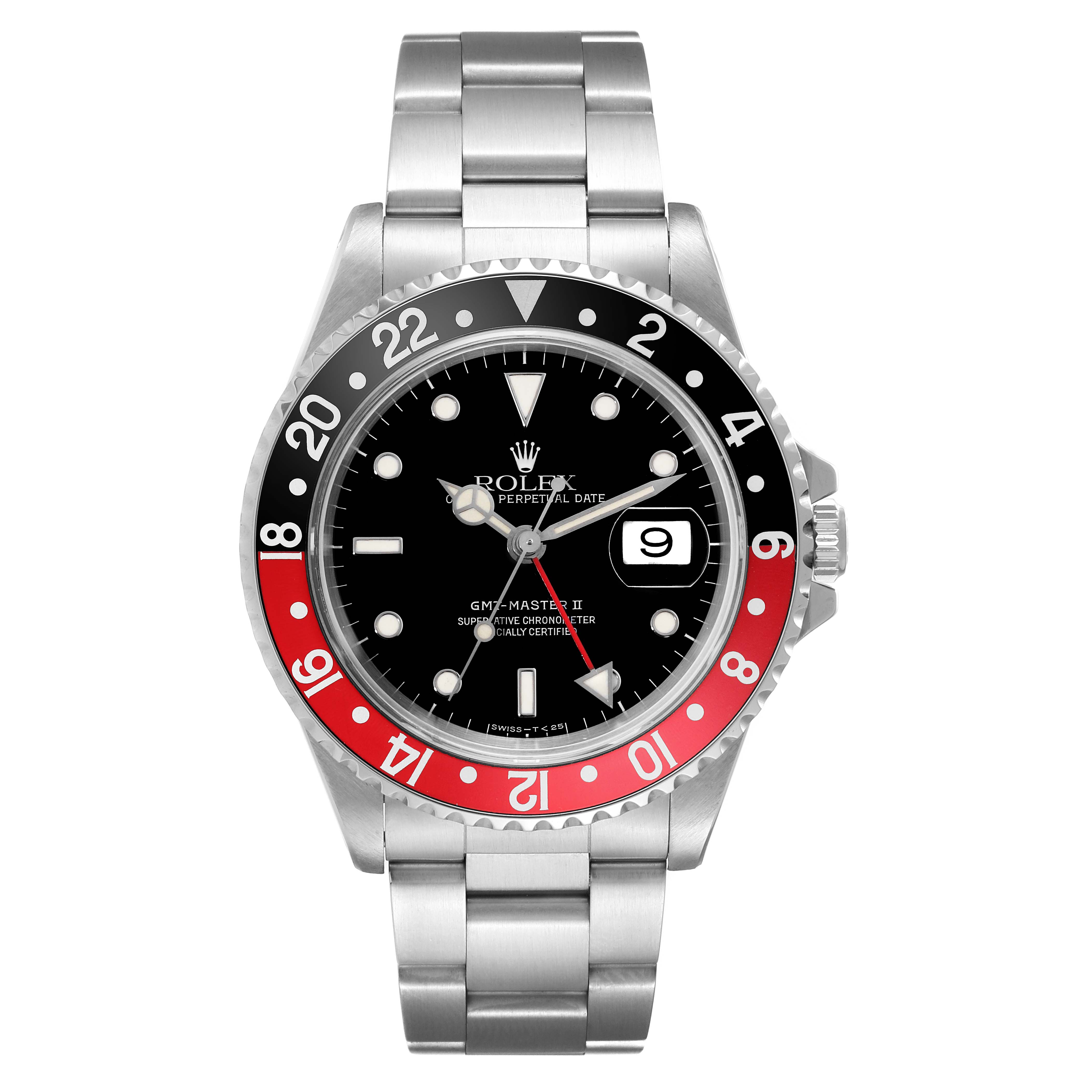The image shows a front view of a Rolex GMT-Master 16710 Men's Stainless Steel Black Dial 16710 Men's Stainless Steel Black Dial II watch, featuring a black and red bezel, black dial, and a stainless steel bracelet.