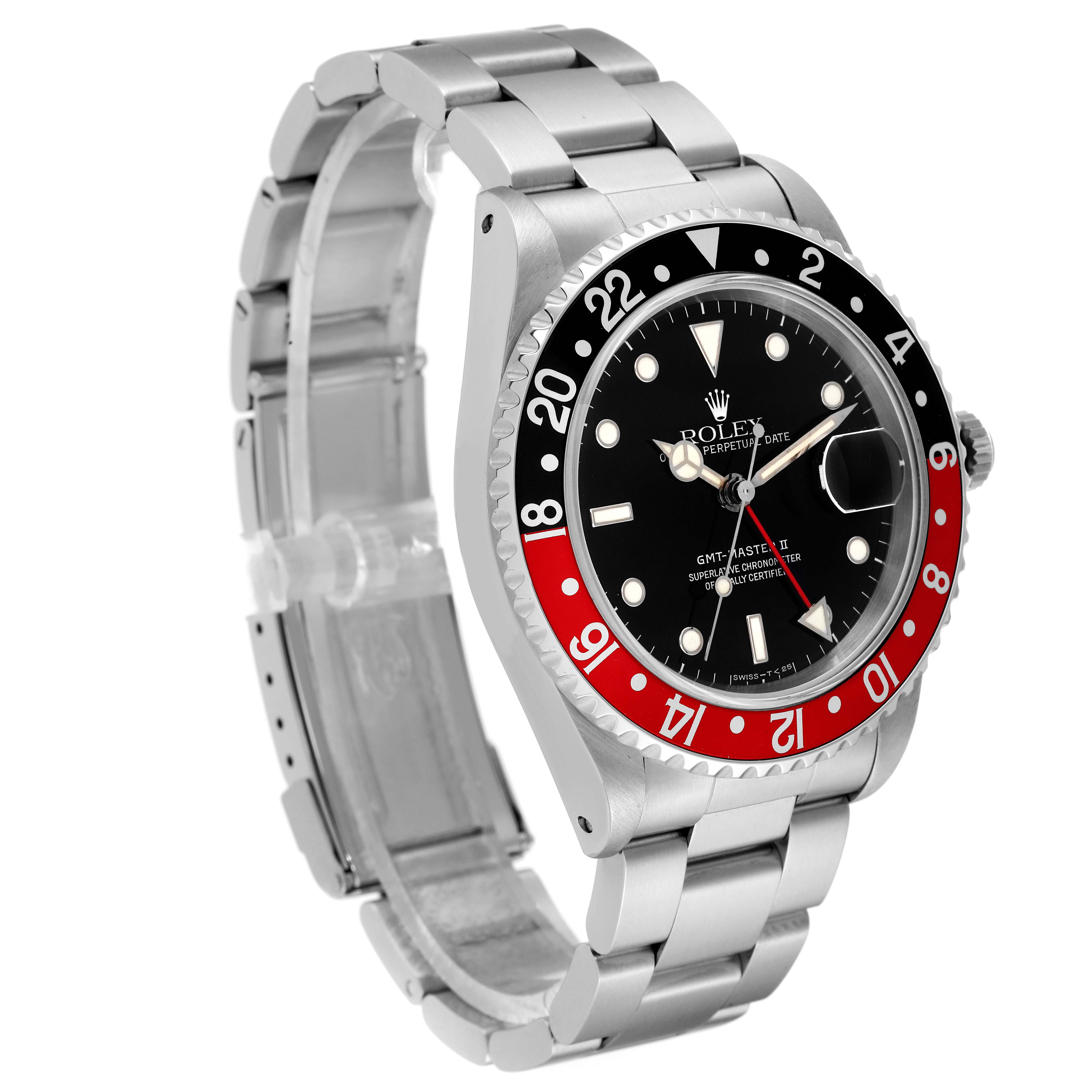 The Rolex GMT-Master 16710 Men's Stainless Steel Black Dial 16710 Men's Stainless Steel Black Dial watch is shown at an angled side view, displaying the bezel, dial, and bracelet.