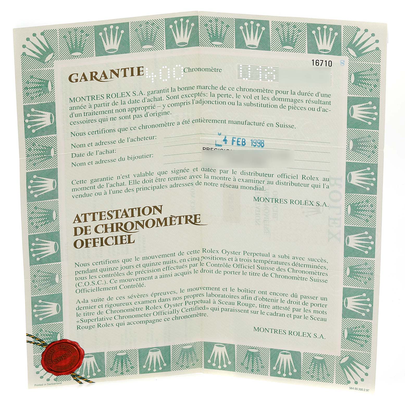 This image shows the warranty card and official chronometer certification for a Rolex GMT-Master 16710 Men's Stainless Steel Black Dial 16710 Men's Stainless Steel Black Dial watch.