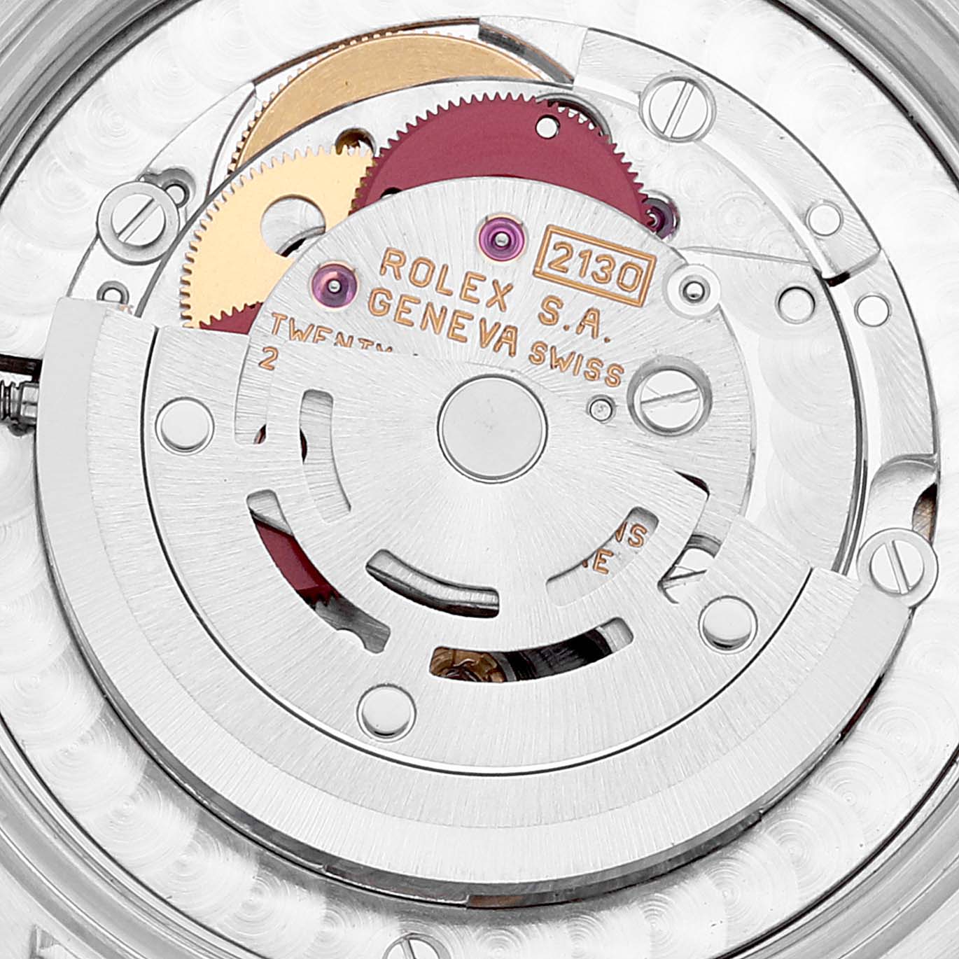 This is a close-up shot showing the internal mechanism of a Rolex Mid-Size 67480 Women
s Stainless Steel Pink Dial 67480 Women
s Stainless Steel Pink Dial model watch.