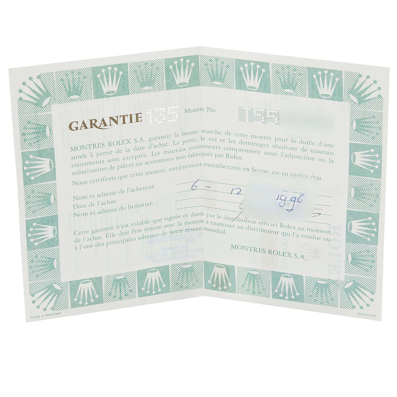 The image shows the warranty certificate for a Rolex Mid-Size 67480 Women
s Stainless Steel Pink Dial 67480 Women
s Stainless Steel Pink Dial watch, detailing purchase information and terms.