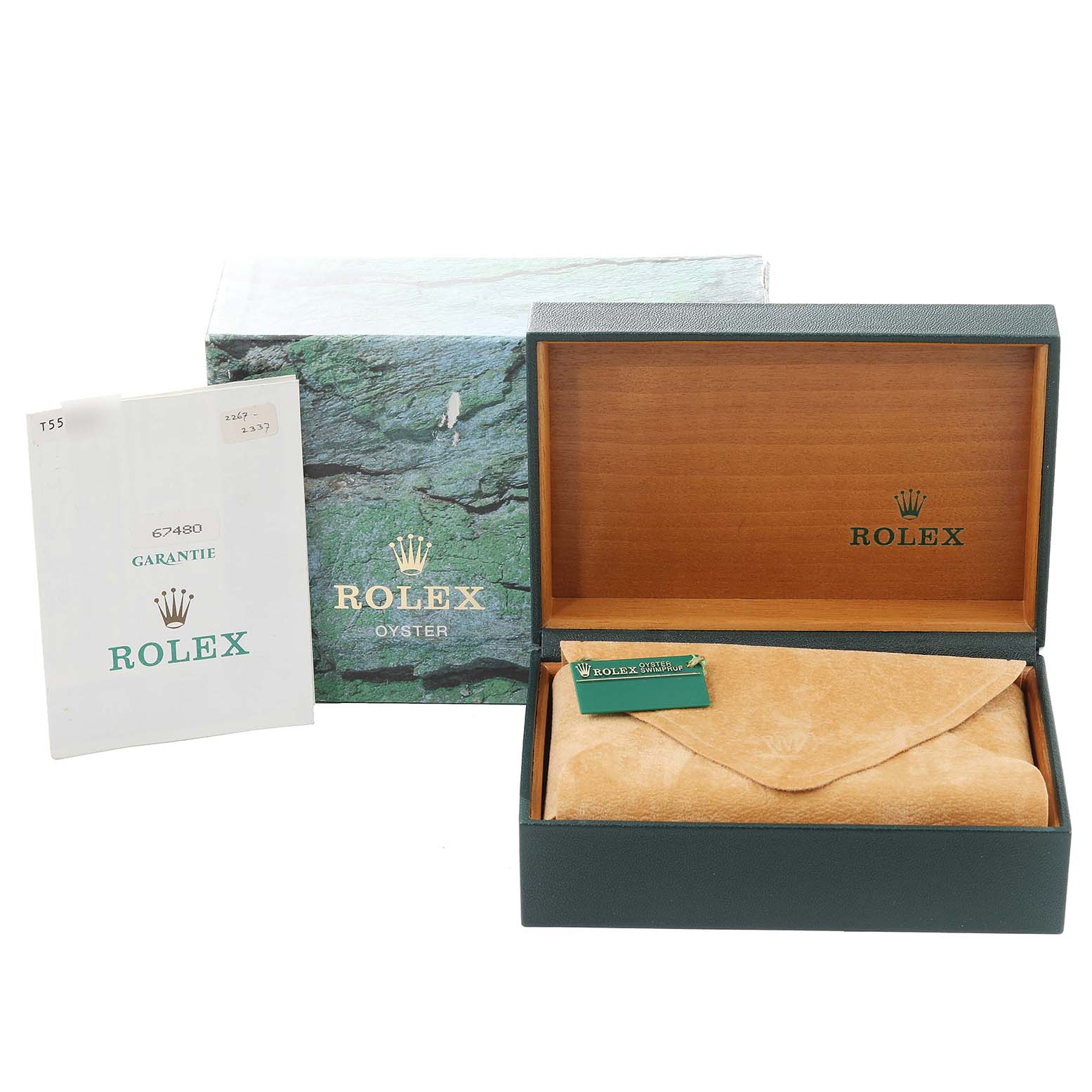 The image shows a Rolex Mid-Size 67480 Women
s Stainless Steel Pink Dial 67480 Women
s Stainless Steel Pink Dial model watch packaging, including the outer box, guarantee booklet, and the main watch box.