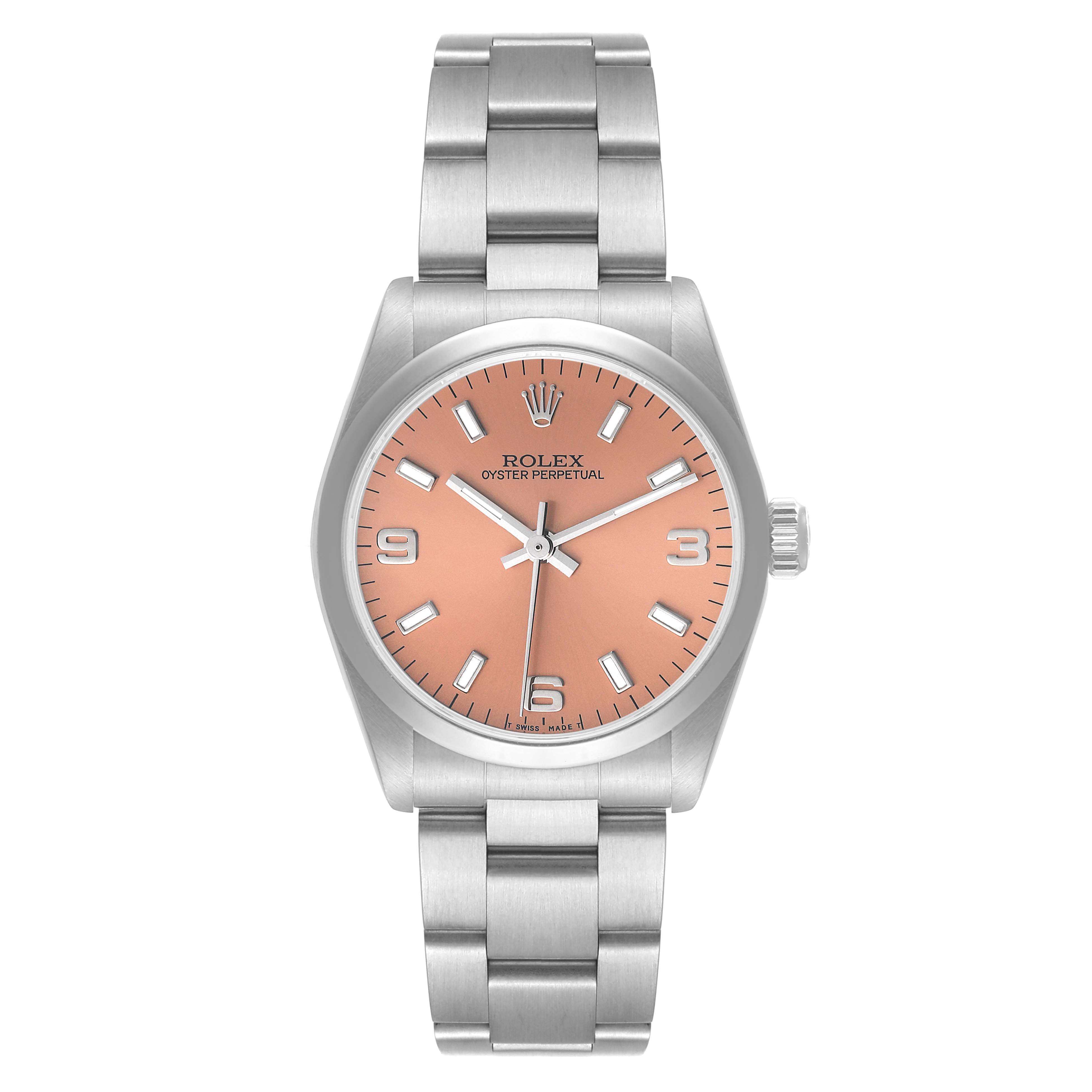 The image shows a front view of a Rolex Oyster Perpetual Mid-Size watch, featuring a pink dial and stainless steel bracelet.