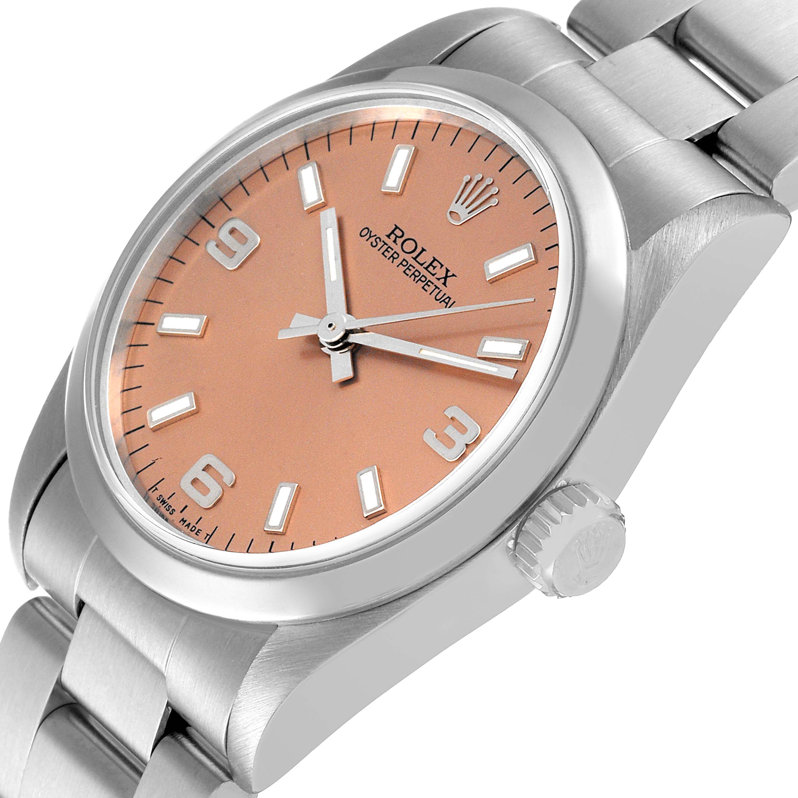 The Mid-Size Rolex watch is shown from an angled close-up, highlighting its peach dial, crown, and stainless steel bracelet.