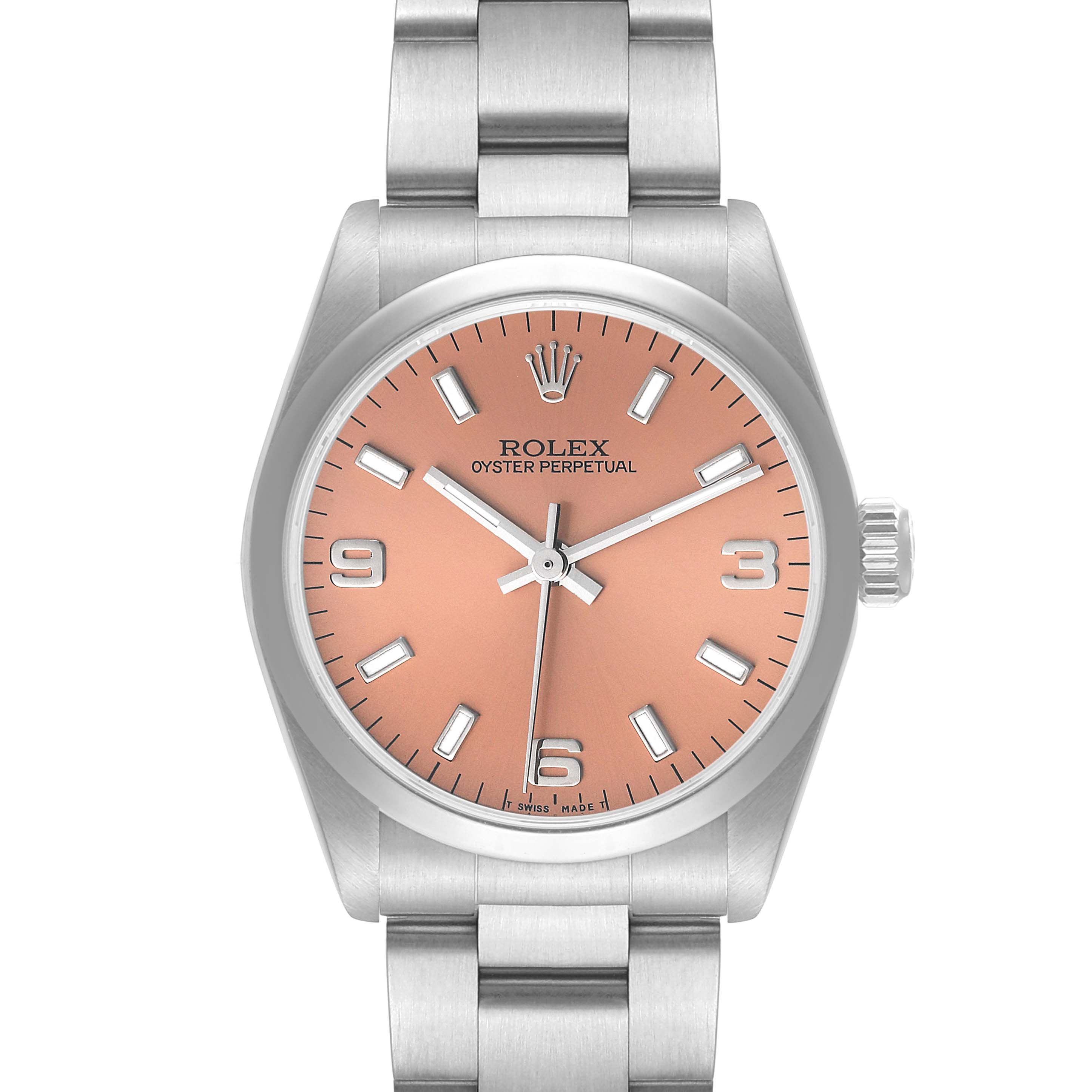 This image shows a front view of a Rolex Oyster Perpetual Mid-Size watch, featuring a pink dial and silver stainless steel bracelet.