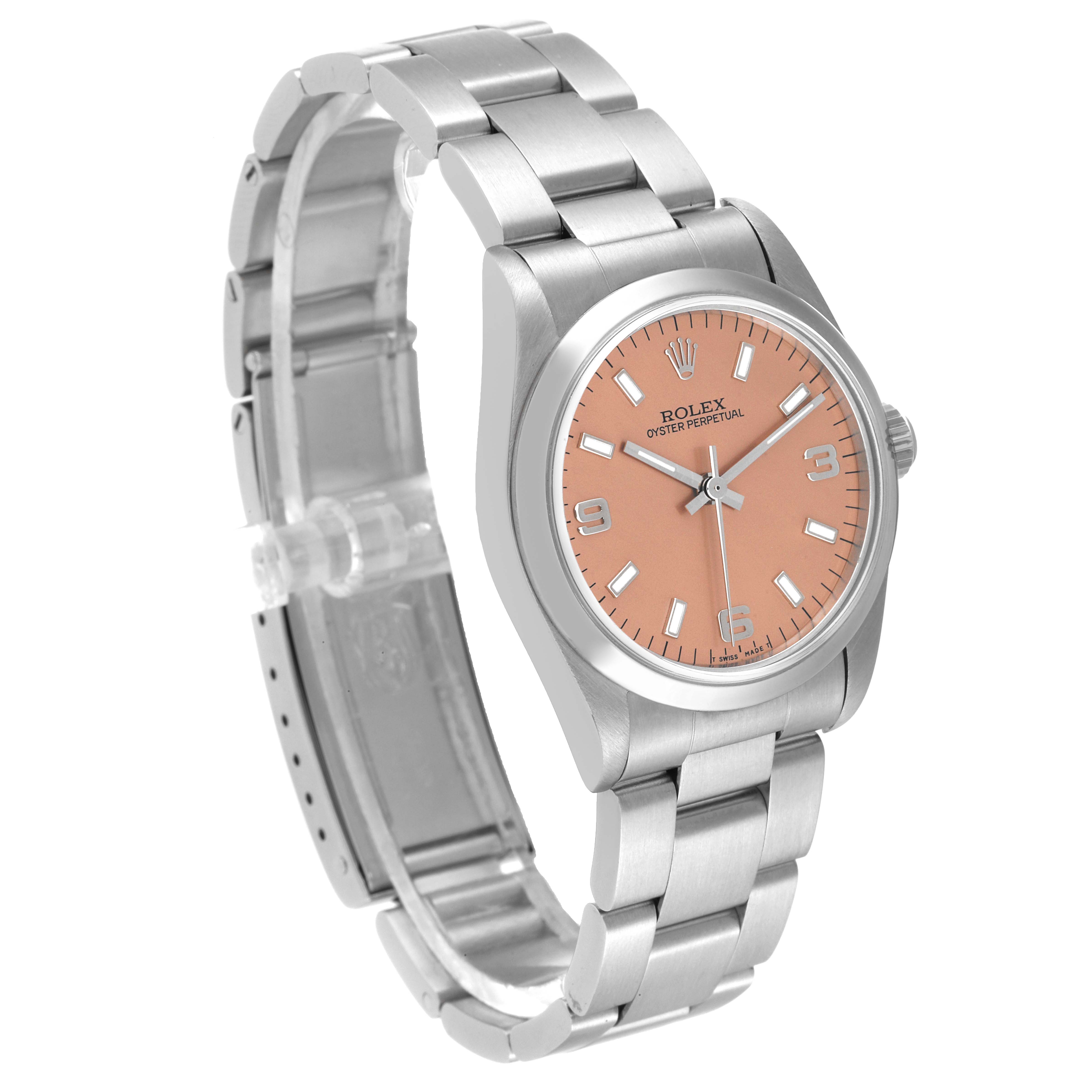 The image shows a side-angle view of a Rolex Mid-Size 67480 Women
s Stainless Steel Pink Dial 67480 Women
s Stainless Steel Pink Dial Oyster Perpetual watch with a silver bracelet and a pink dial.