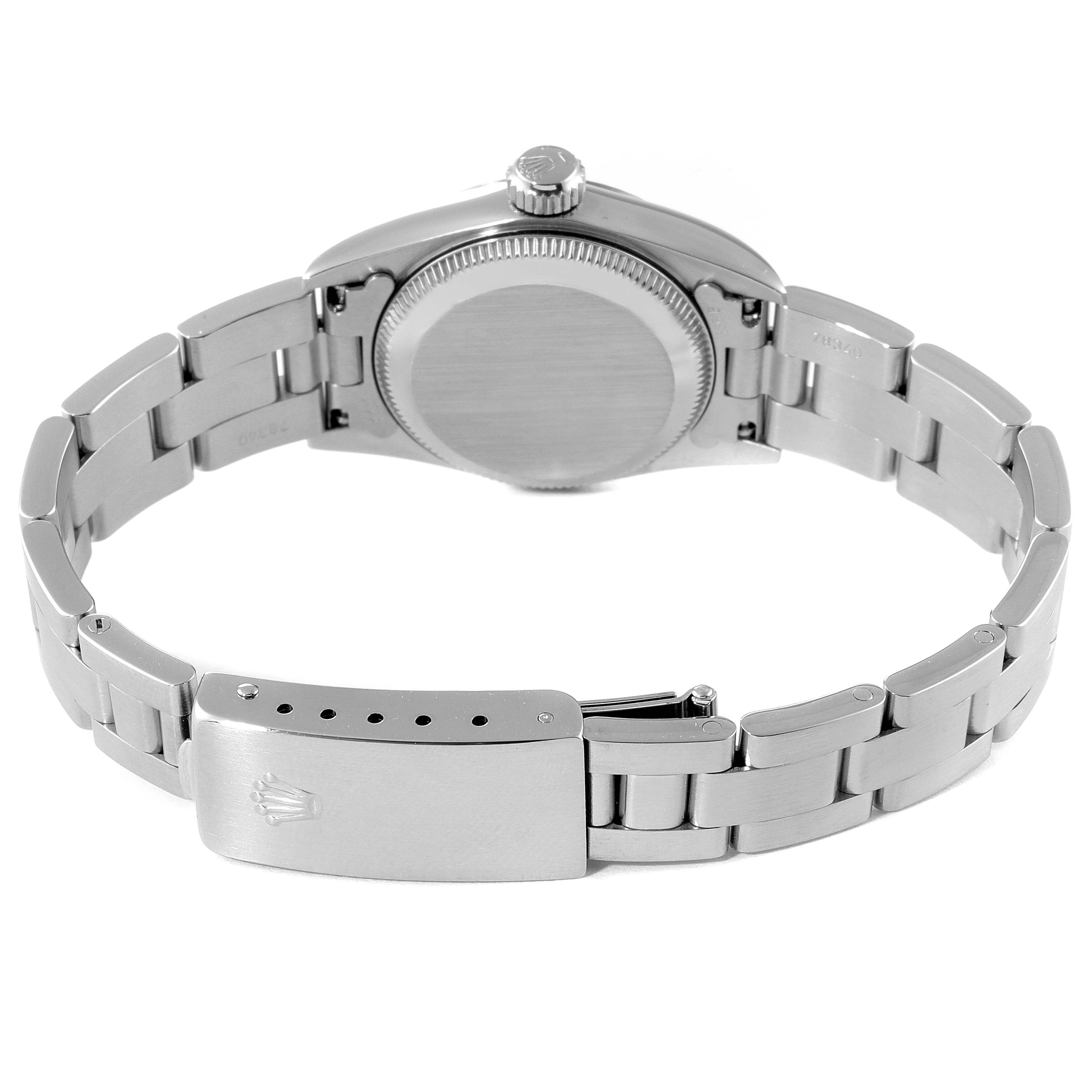 This image shows the back view of a Rolex Oyster Perpetual 67194 Women's Stainless Steel Silver Dial 67194 Women's Stainless Steel Silver Dial watch, focusing on the case, crown, and bracelet with the clasp.