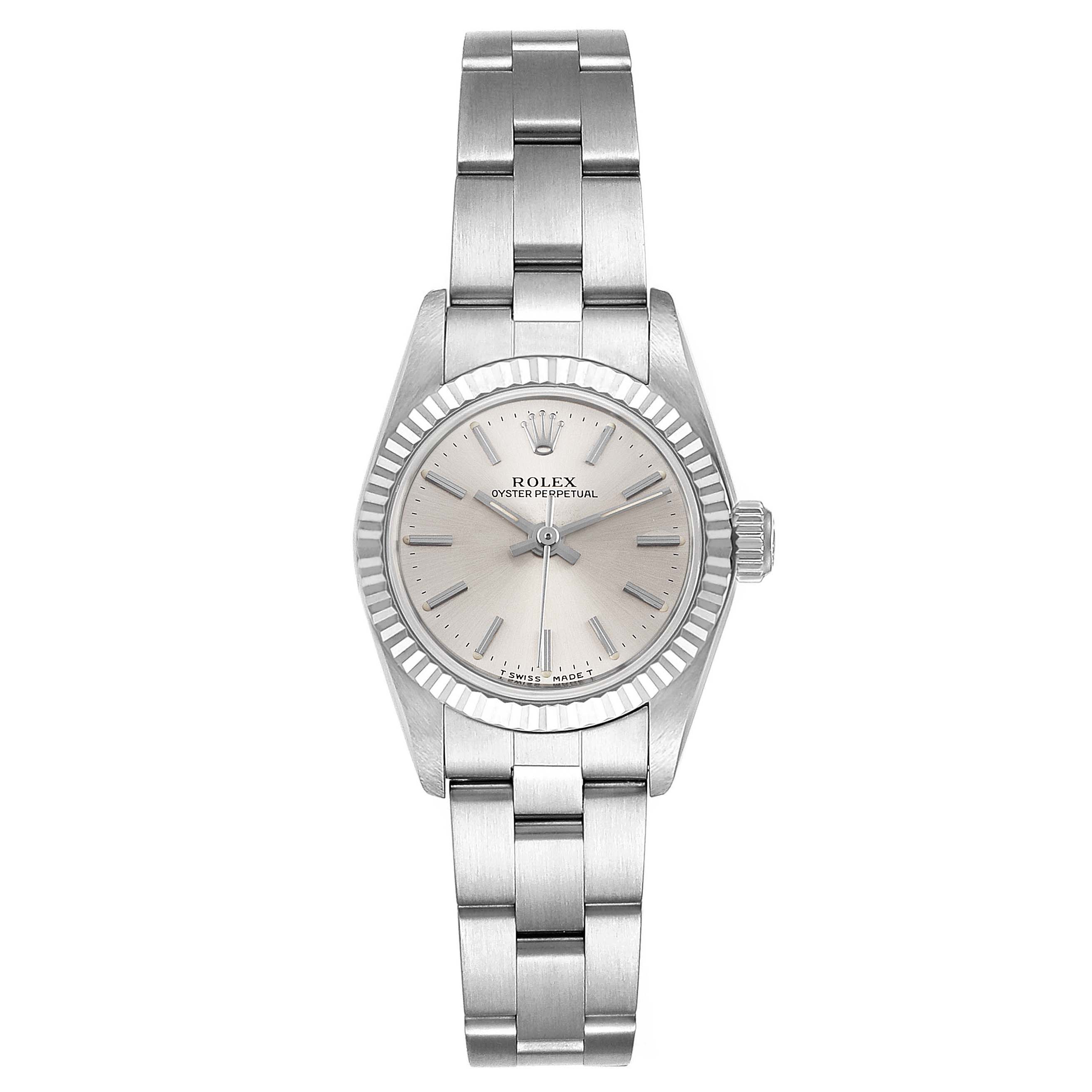The image shows a front view of a Rolex Oyster Perpetual 67194 Women's Stainless Steel Silver Dial 67194 Women's Stainless Steel Silver Dial watch, highlighting its silver dial and stainless steel bracelet.