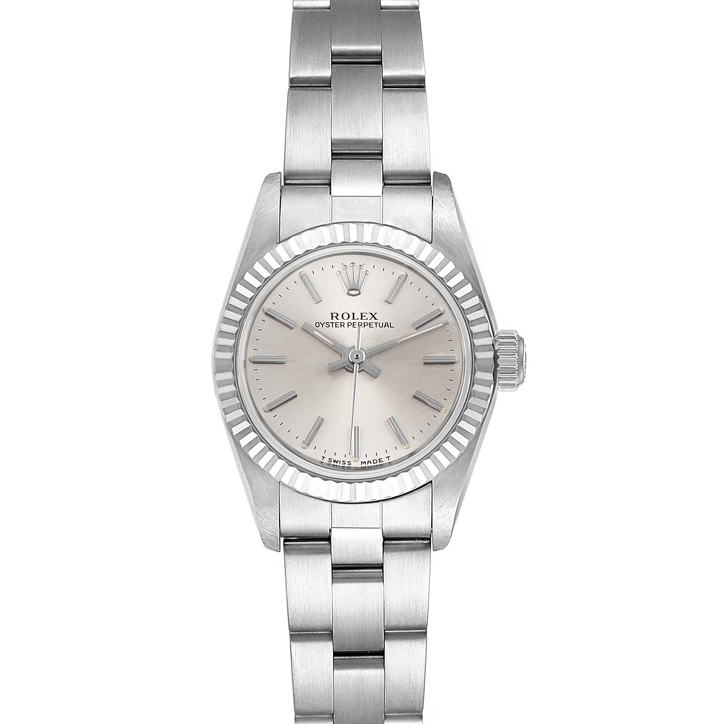 The image shows a front view of a Rolex Oyster Perpetual 67194 Women's Stainless Steel Silver Dial 67194 Women's Stainless Steel Silver Dial, including its dial, bezel, crown, and bracelet.