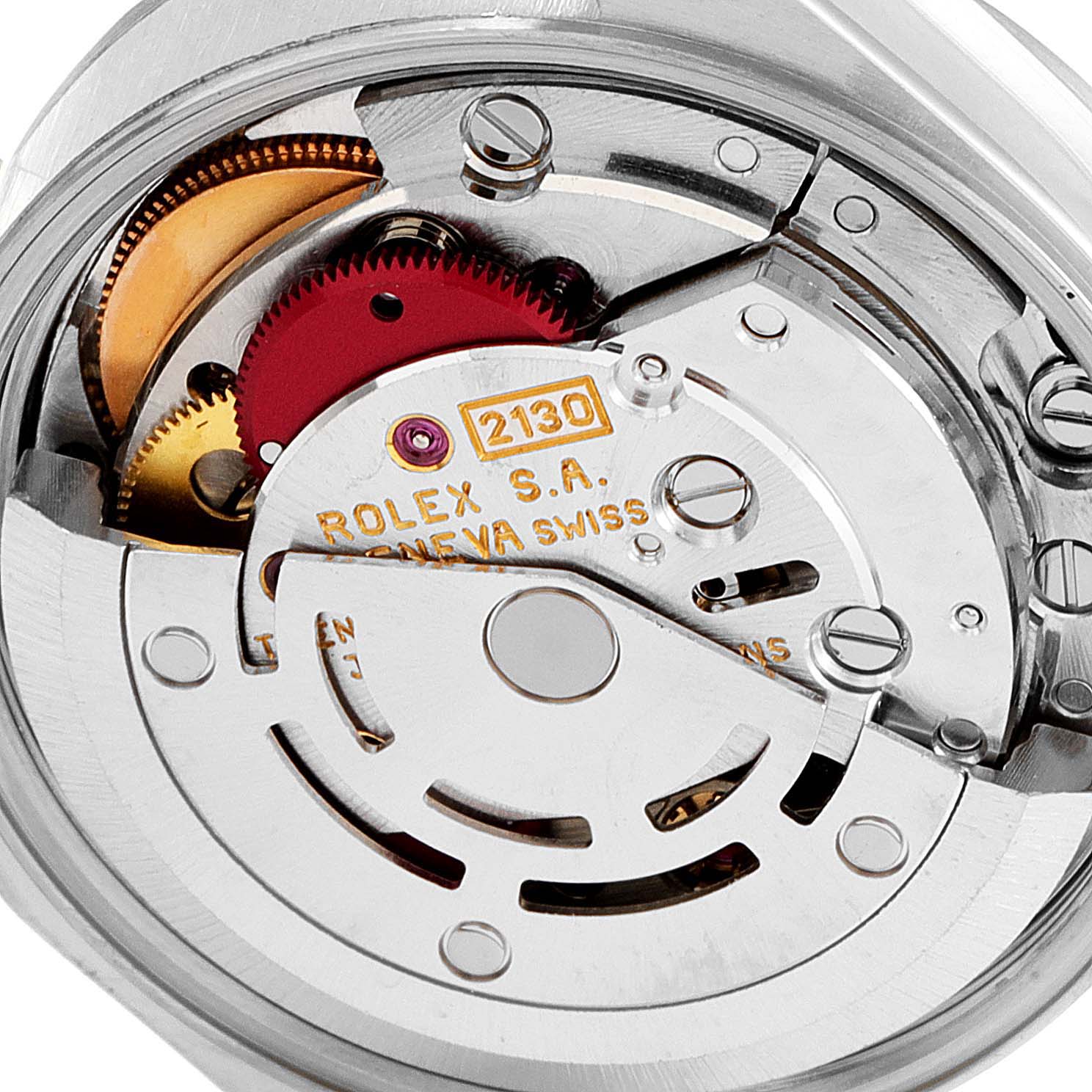 The image shows the inner mechanism of a Rolex Oyster Perpetual 67194 Women's Stainless Steel Silver Dial 67194 Women's Stainless Steel Silver Dial watch, focusing on the automatic movement components.