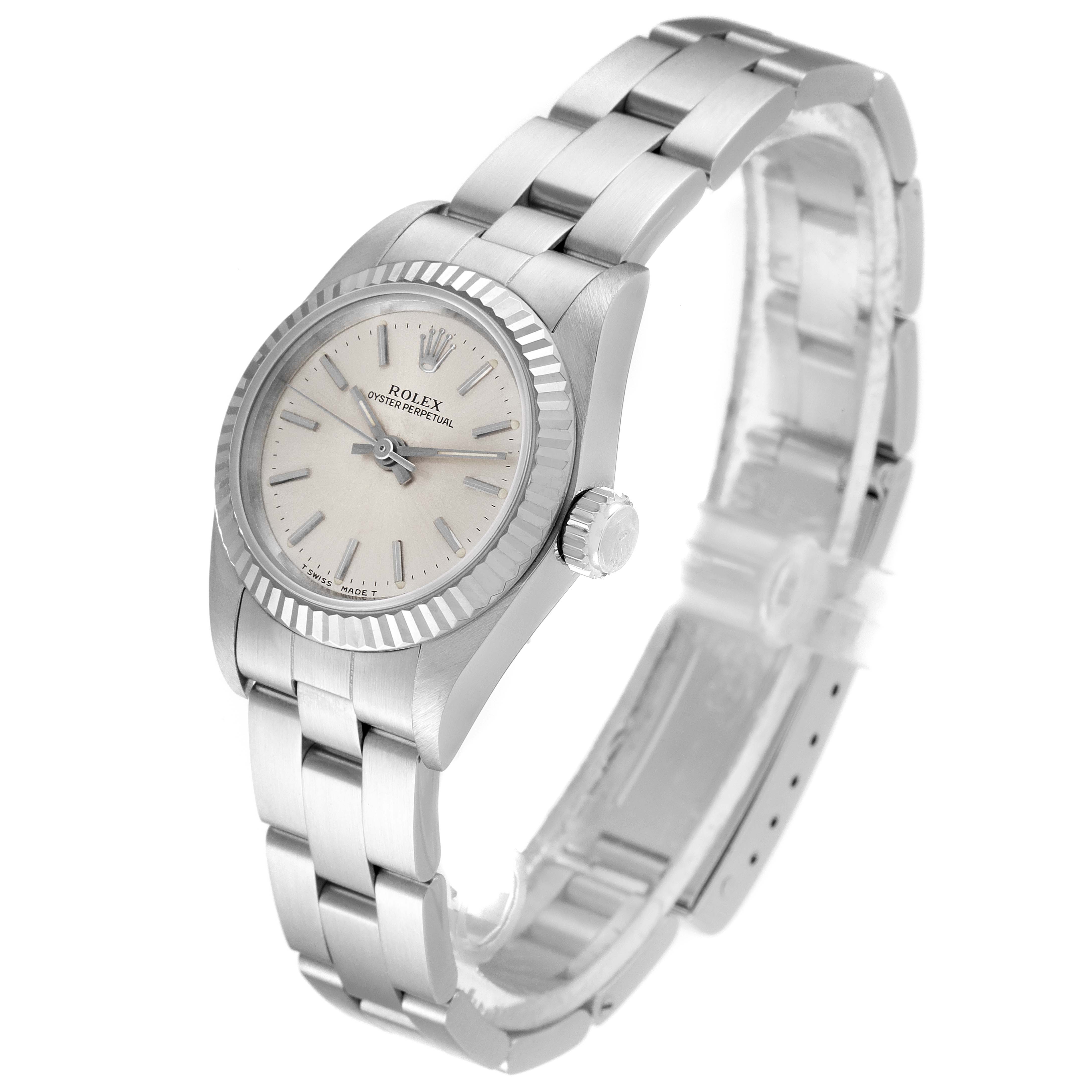 This image shows a side and front angle of a Rolex Oyster Perpetual 67194 Women's Stainless Steel Silver Dial 67194 Women's Stainless Steel Silver Dial watch, highlighting its face, bezel, and bracelet.