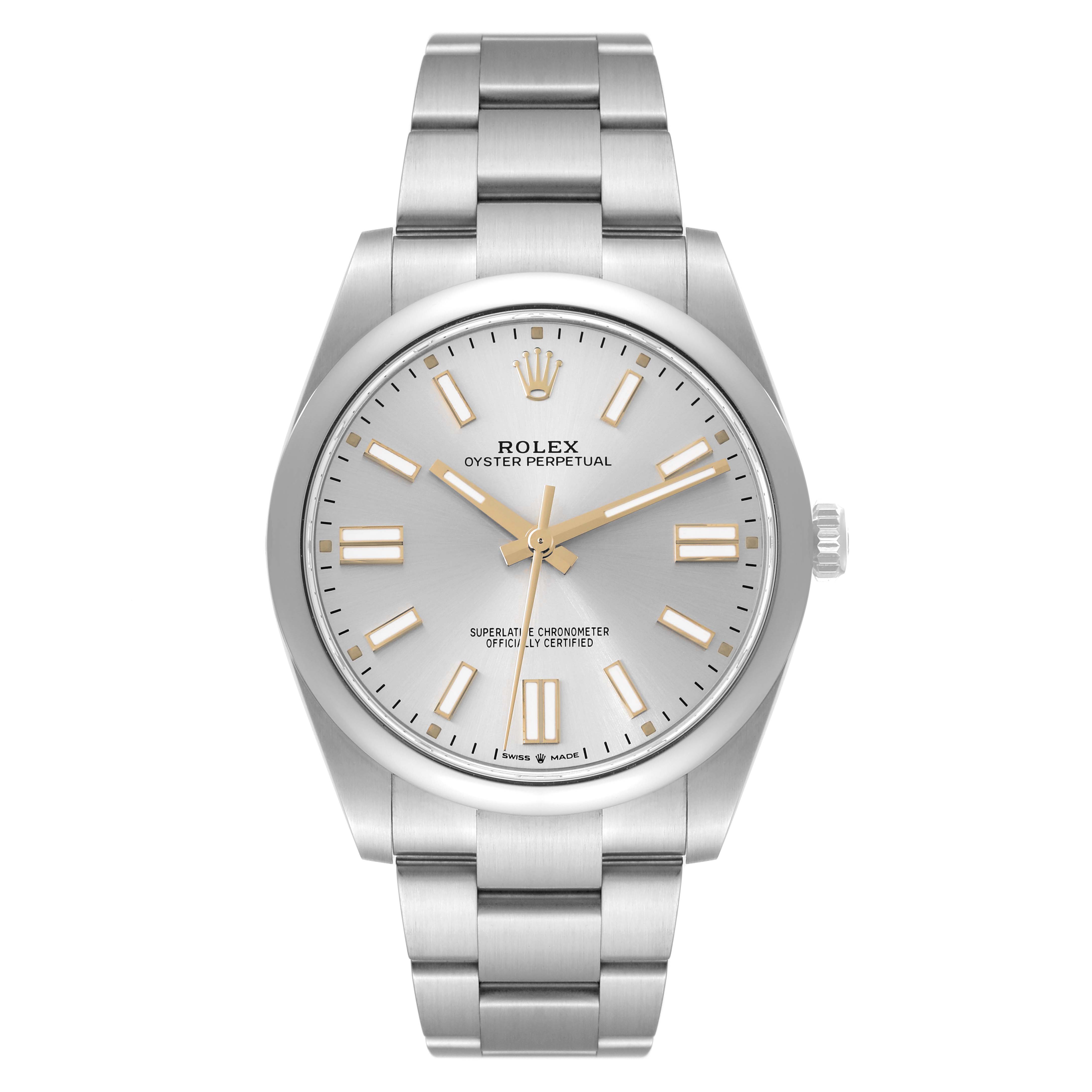 The image shows a front view of a Rolex Oyster Perpetual 124300 Men's Stainless Steel Silver Dial 124300 Men's Stainless Steel Silver Dial watch, highlighting its dial, bezel, and bracelet.