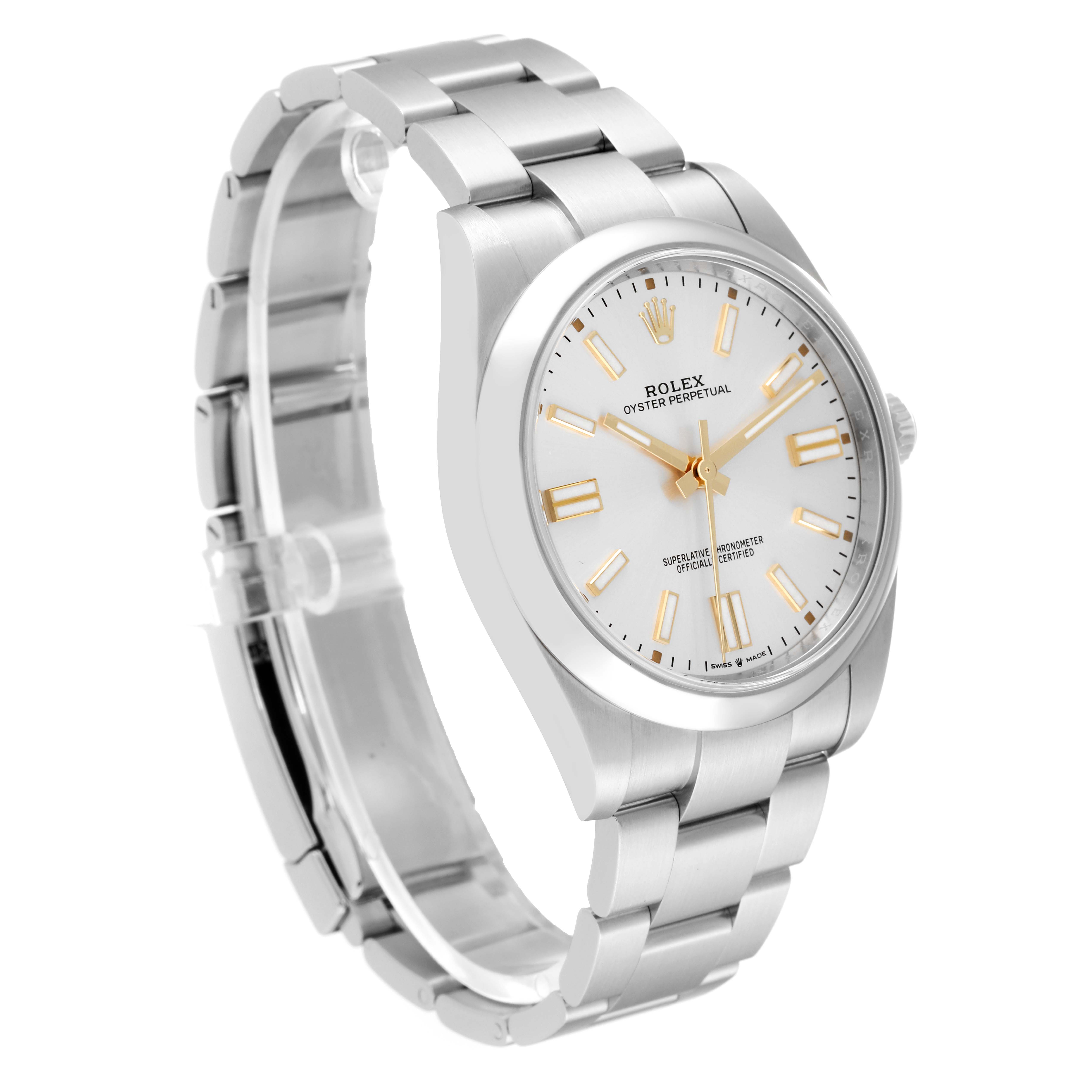 The Rolex Oyster Perpetual 124300 Men's Stainless Steel Silver Dial 124300 Men's Stainless Steel Silver Dial watch is shown at a three-quarter angle, displaying its face, bezel, crown, and bracelet.