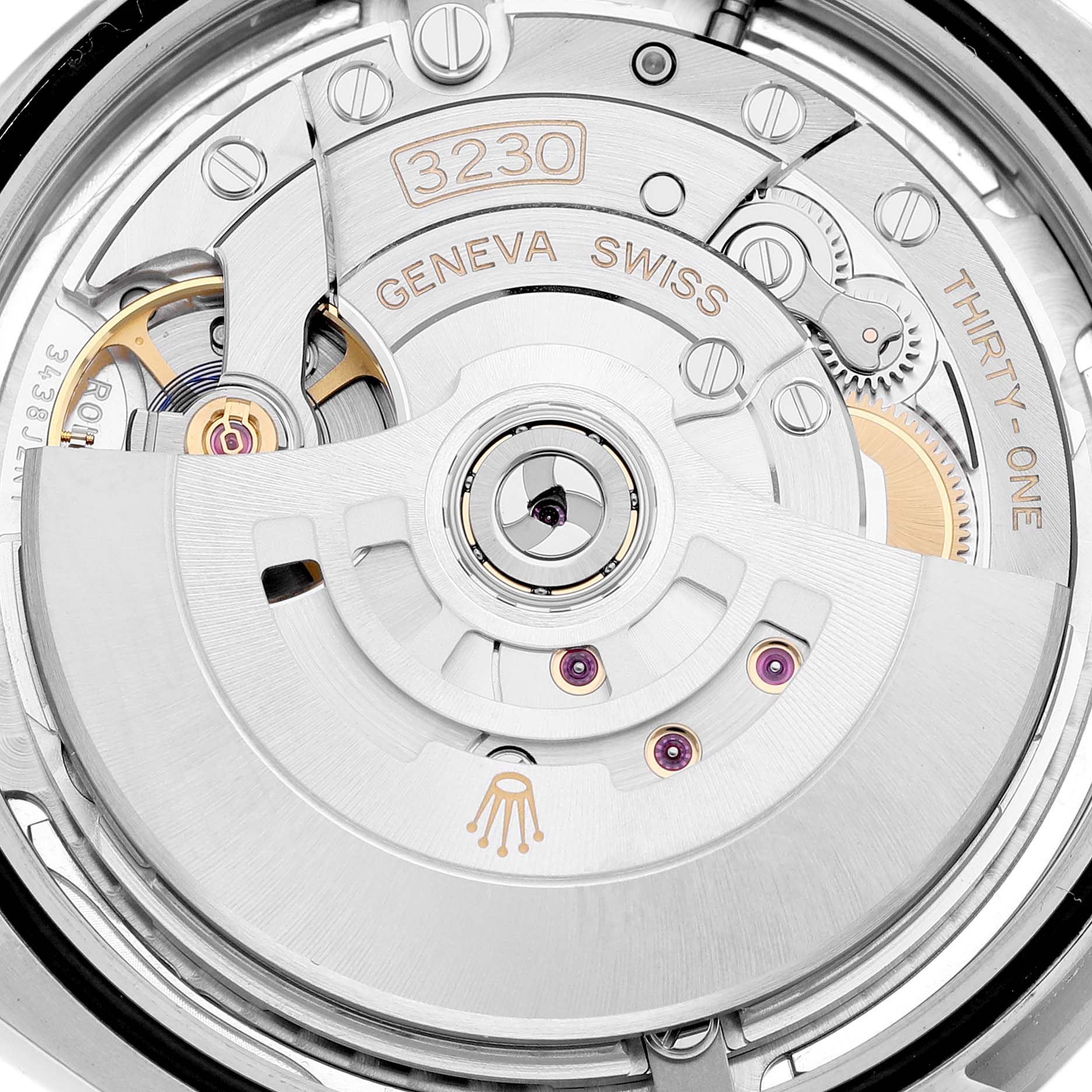 This image shows the movement mechanism of a Rolex Oyster Perpetual 124300 Men's Stainless Steel Silver Dial 124300 Men's Stainless Steel Silver Dial watch, highlighting components like the rotor and intricate gears.