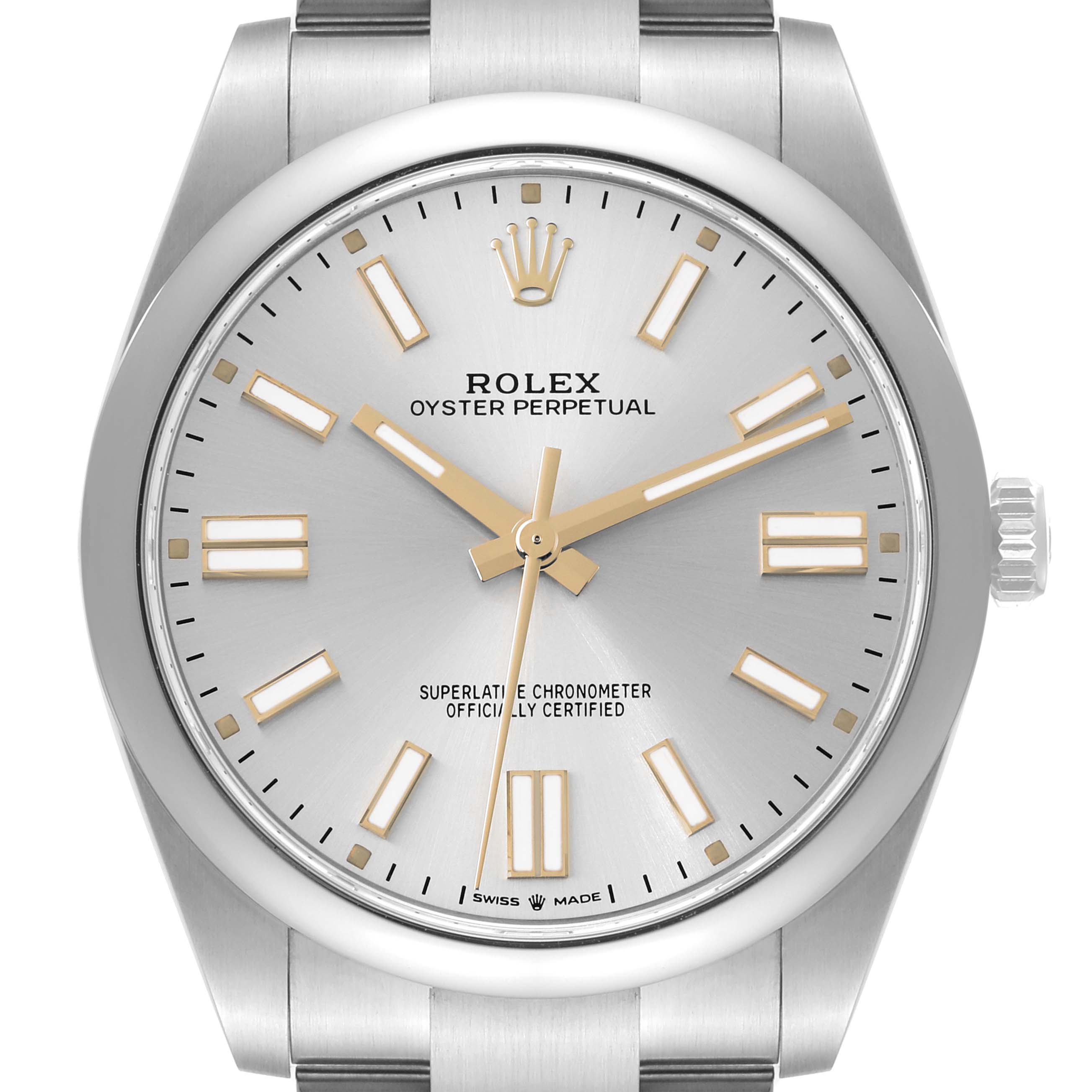 The image shows a front view of a silver Rolex Oyster Perpetual 124300 Men's Stainless Steel Silver Dial 124300 Men's Stainless Steel Silver Dial watch face and bracelet.