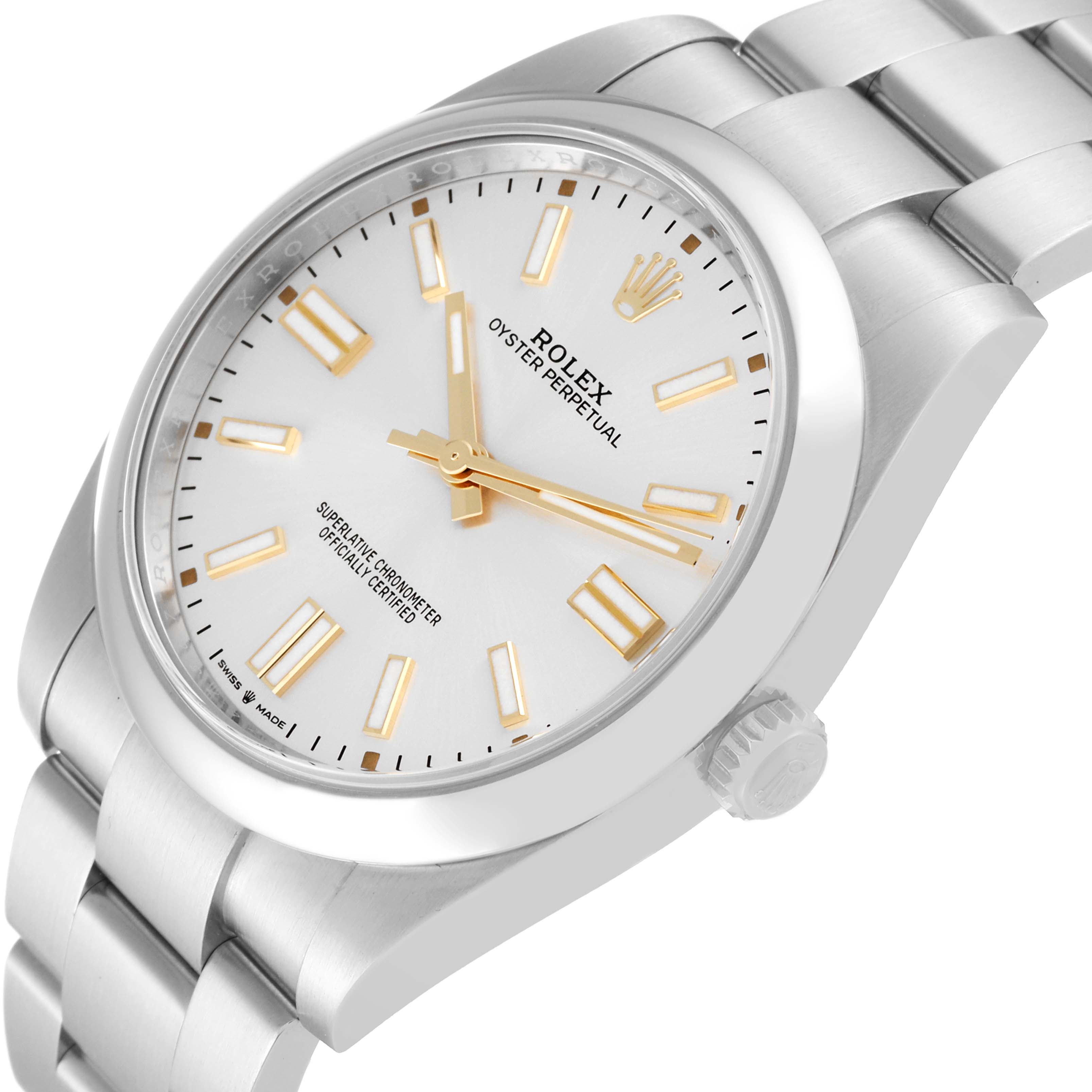 The image shows a close-up side view of a Rolex Oyster Perpetual 124300 Men's Stainless Steel Silver Dial 124300 Men's Stainless Steel Silver Dial watch, displaying its face, case, crown, and bracelet.
