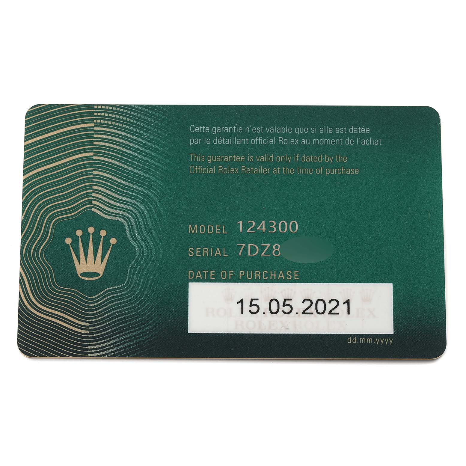 This image shows the warranty card for the Rolex Oyster Perpetual 124300 Men's Stainless Steel Silver Dial 124300 Men's Stainless Steel Silver Dial model 124300, with a purchase date of 15.05.2021.