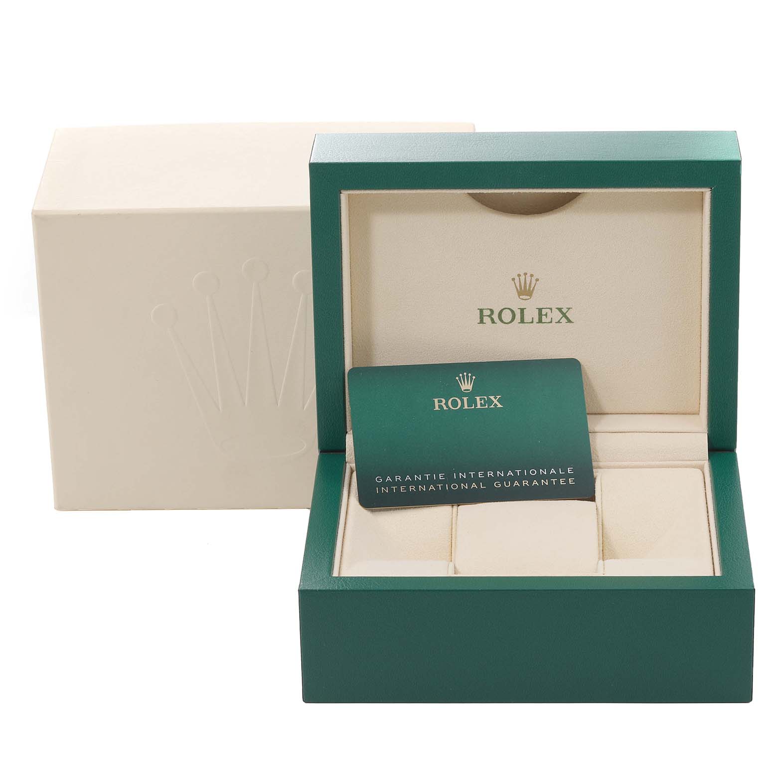 The image shows an open Rolex Oyster Perpetual 124300 Men's Stainless Steel Silver Dial 124300 Men's Stainless Steel Silver Dial watch box and an international guarantee card inside.