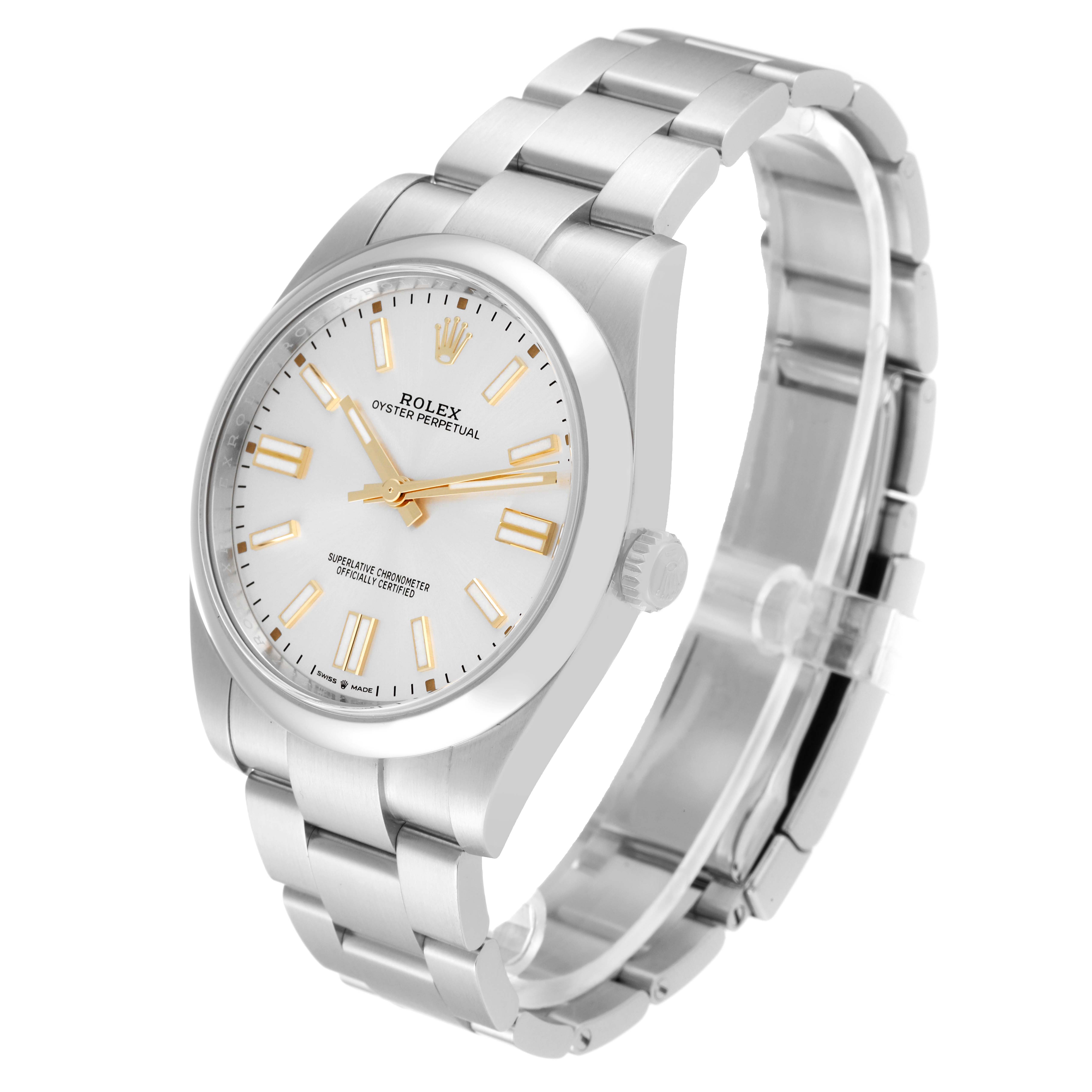 The image shows a side angle view of a Rolex Oyster Perpetual 124300 Men's Stainless Steel Silver Dial 124300 Men's Stainless Steel Silver Dial watch, displaying the face, case, crown, and bracelet.