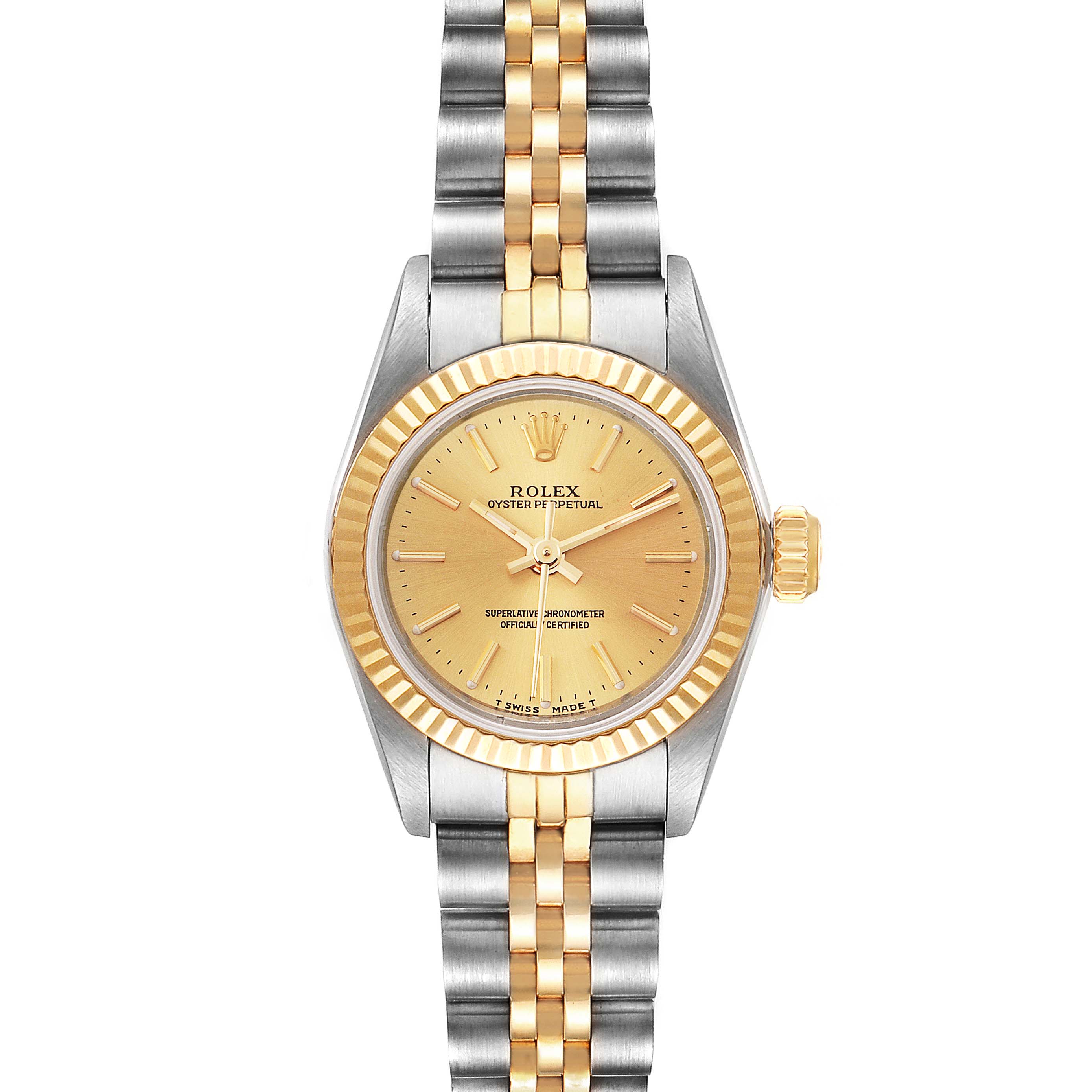 This image shows a front view of a Rolex Oyster Perpetual 67193 Women
s Steel and Gold (two tone) Champagne Dial 67193 Women
s Steel and Gold (two tone) Champagne Dial watch featuring a gold dial, fluted bezel, and two-tone bracelet.