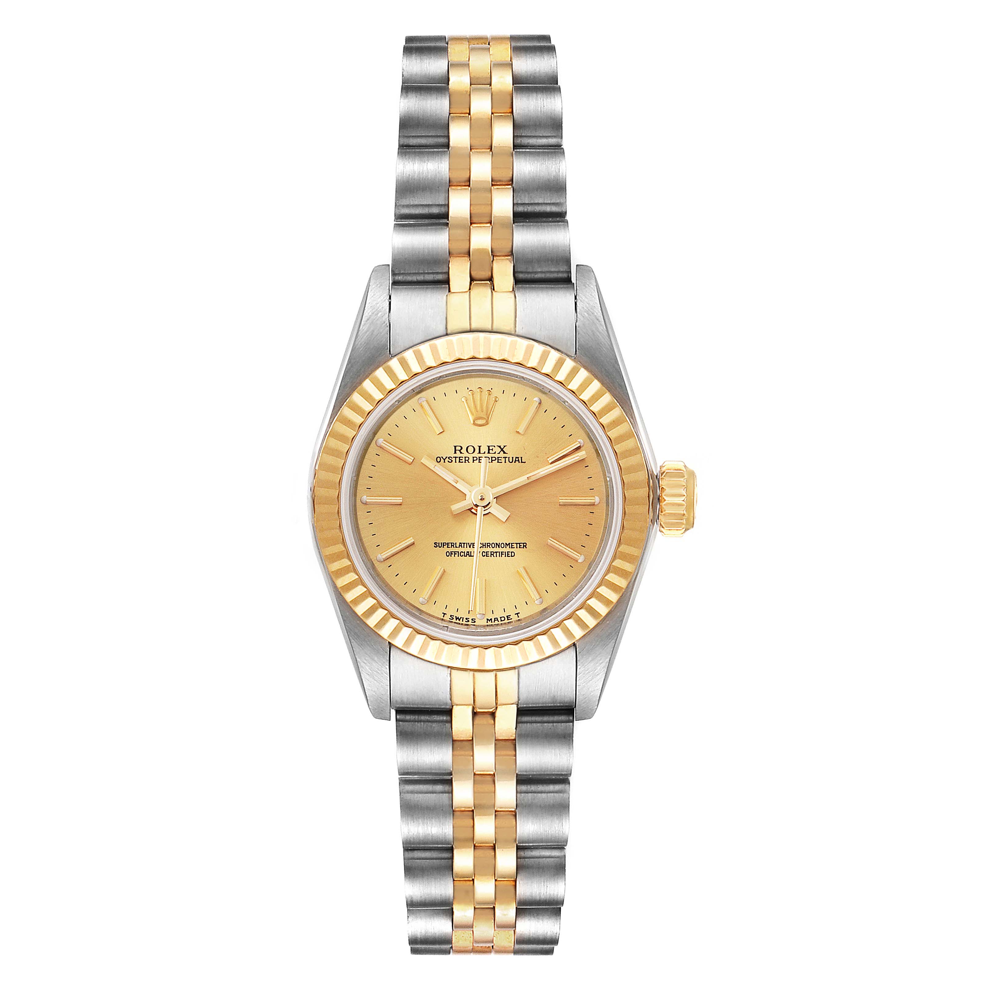This is a front-facing view of a Rolex Oyster Perpetual 67193 Women
s Steel and Gold (two tone) Champagne Dial 67193 Women
s Steel and Gold (two tone) Champagne Dial watch, showing the dial, bezel, and bracelet.