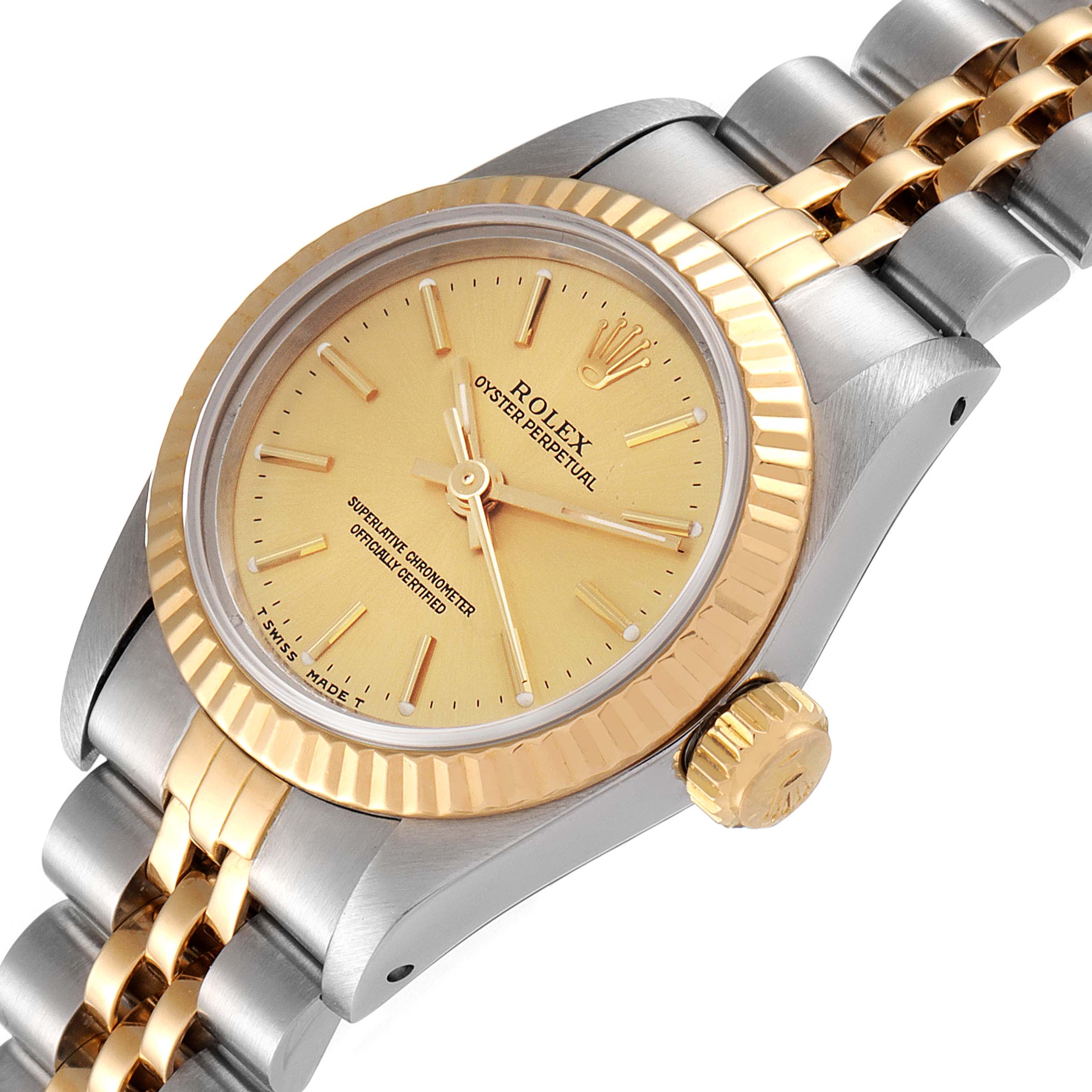 The Rolex Oyster Perpetual 67193 Women
s Steel and Gold (two tone) Champagne Dial 67193 Women
s Steel and Gold (two tone) Champagne Dial watch is shown at an angle highlighting the gold dial, fluted bezel, and two-tone bracelet.