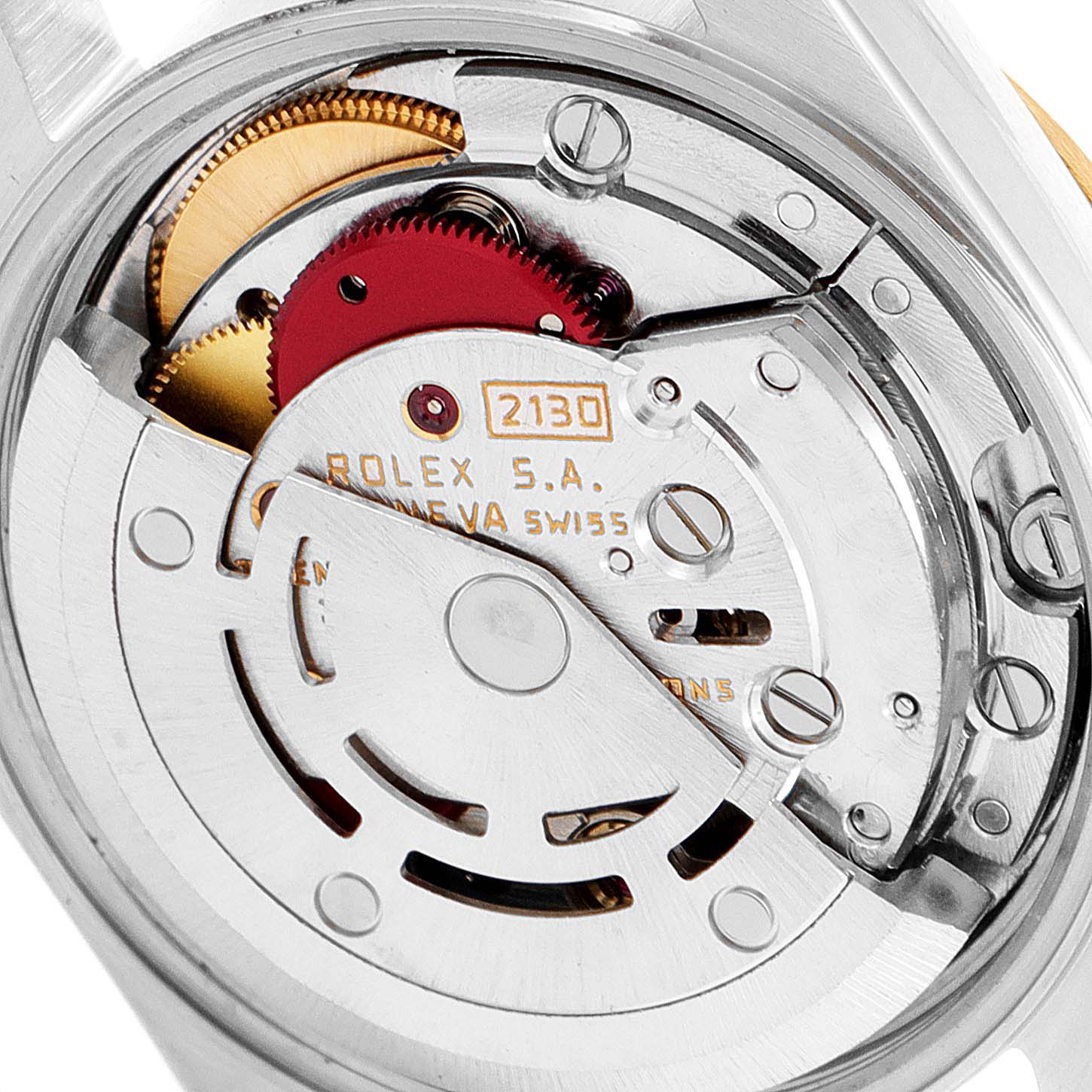 The image shows the movement mechanism of a Rolex Oyster Perpetual 67193 Women
s Steel and Gold (two tone) Champagne Dial 67193 Women
s Steel and Gold (two tone) Champagne Dial watch, viewed from the back.