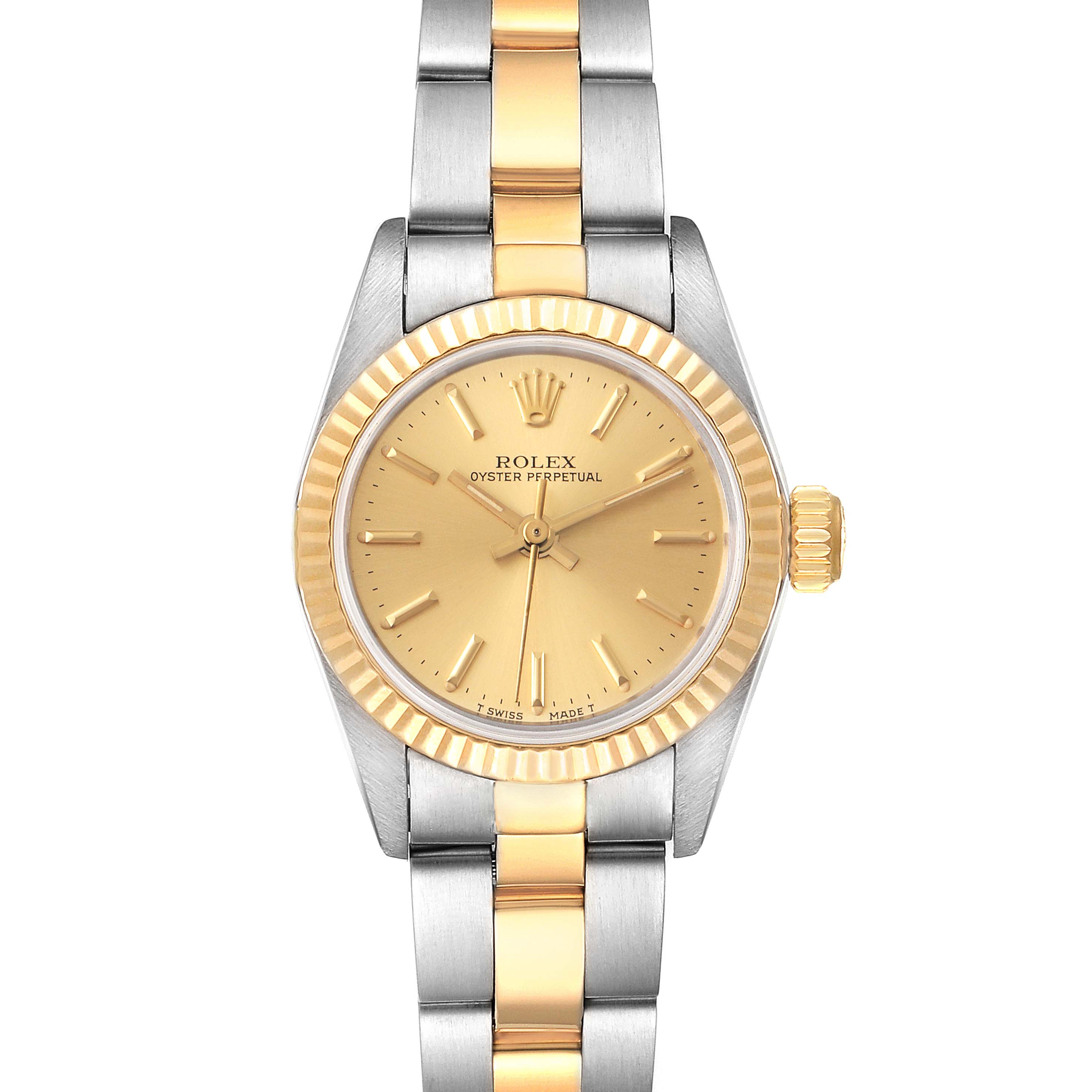 This image shows a front view of a Rolex Oyster Perpetual 67193 Women's Steel and Gold (two tone) Champagne Dial 67193 Women's Steel and Gold (two tone) Champagne Dial watch, featuring a gold dial, fluted bezel, and two-tone bracelet.