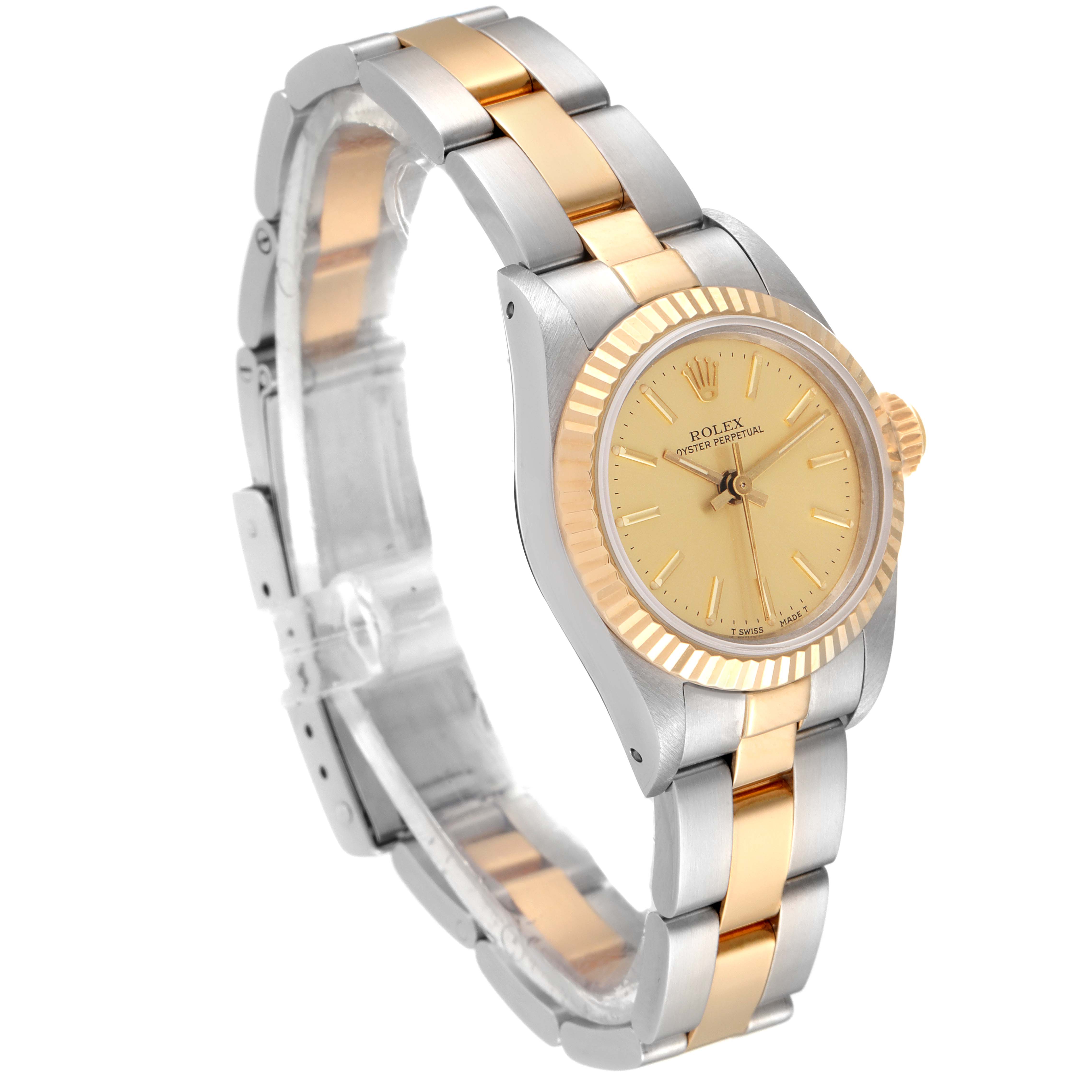 This image shows a Rolex Oyster Perpetual 67193 Women's Steel and Gold (two tone) Champagne Dial 67193 Women's Steel and Gold (two tone) Champagne Dial watch at a side angle, highlighting the gold and silver bracelet and the face.