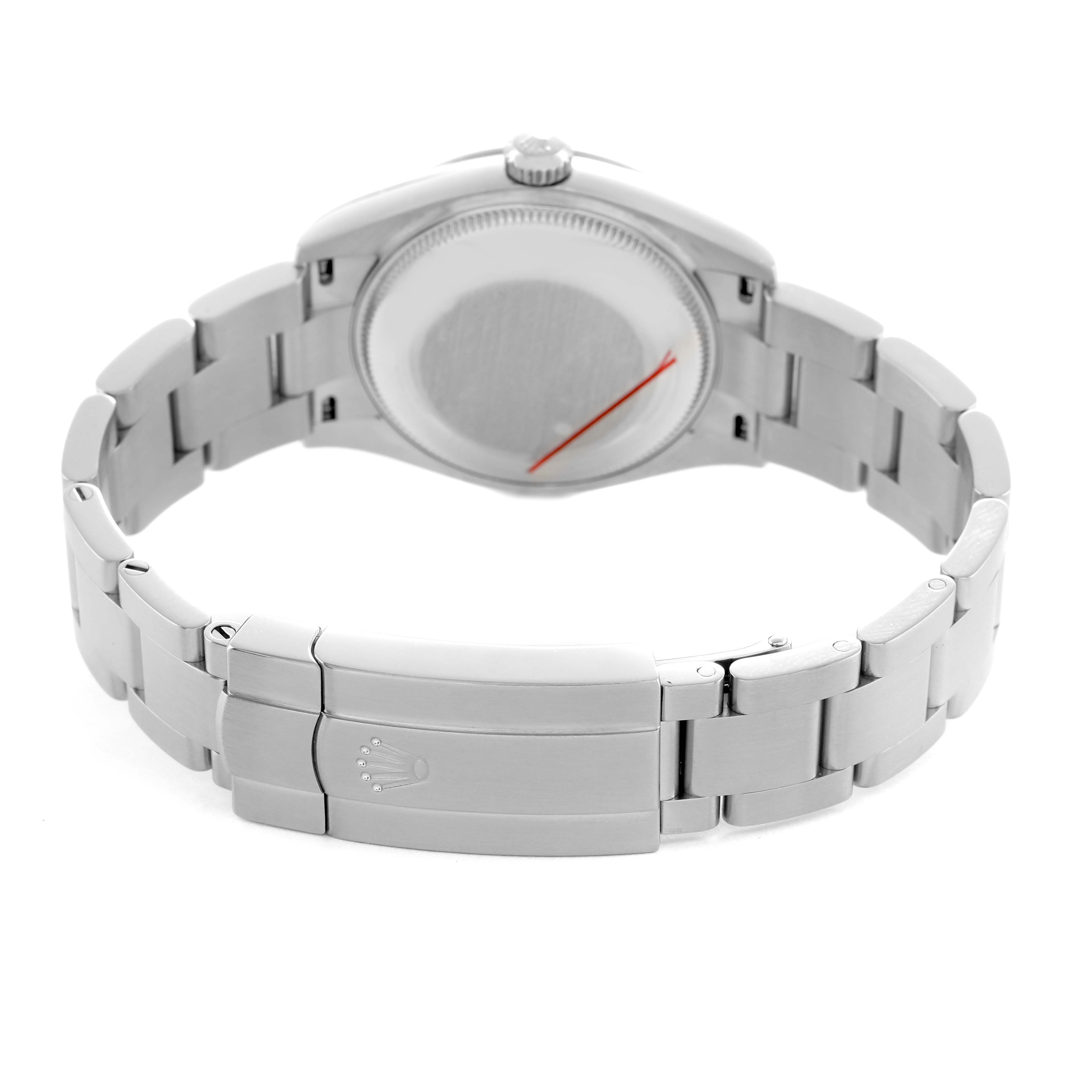 The image shows the back of a Rolex Oyster Perpetual 277200 Women's Stainless Steel Blue Dial watch, highlighting the clasp and bracelet.