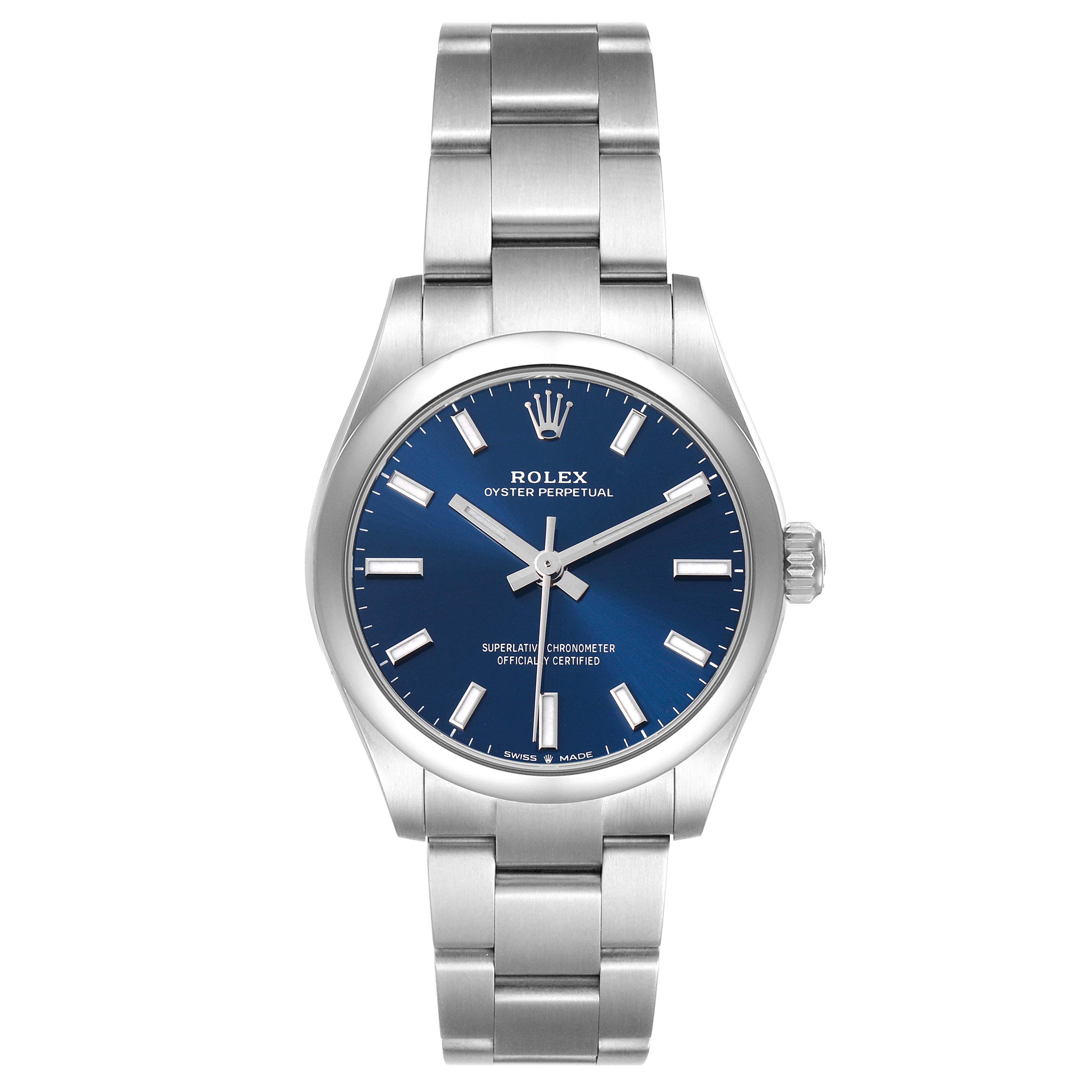 The Rolex Oyster Perpetual 277200 Women's Stainless Steel Blue Dial watch is shown from the front, displaying the face, bezel, bracelet, and crown.