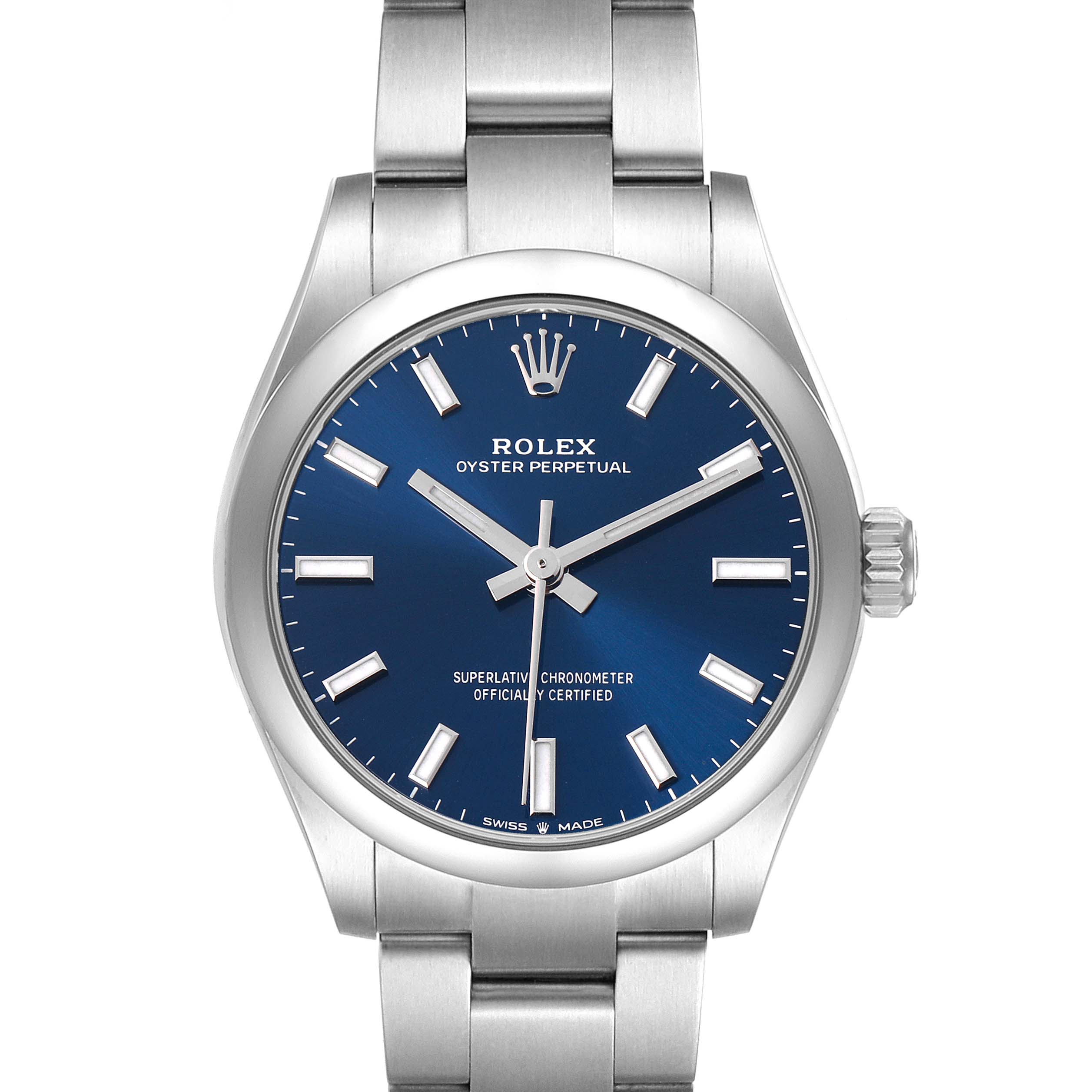 The Rolex Oyster Perpetual 277200 Women's Stainless Steel Blue Dial watch is shown from the front, displaying its blue dial, silver hour markers, and part of the bracelet.