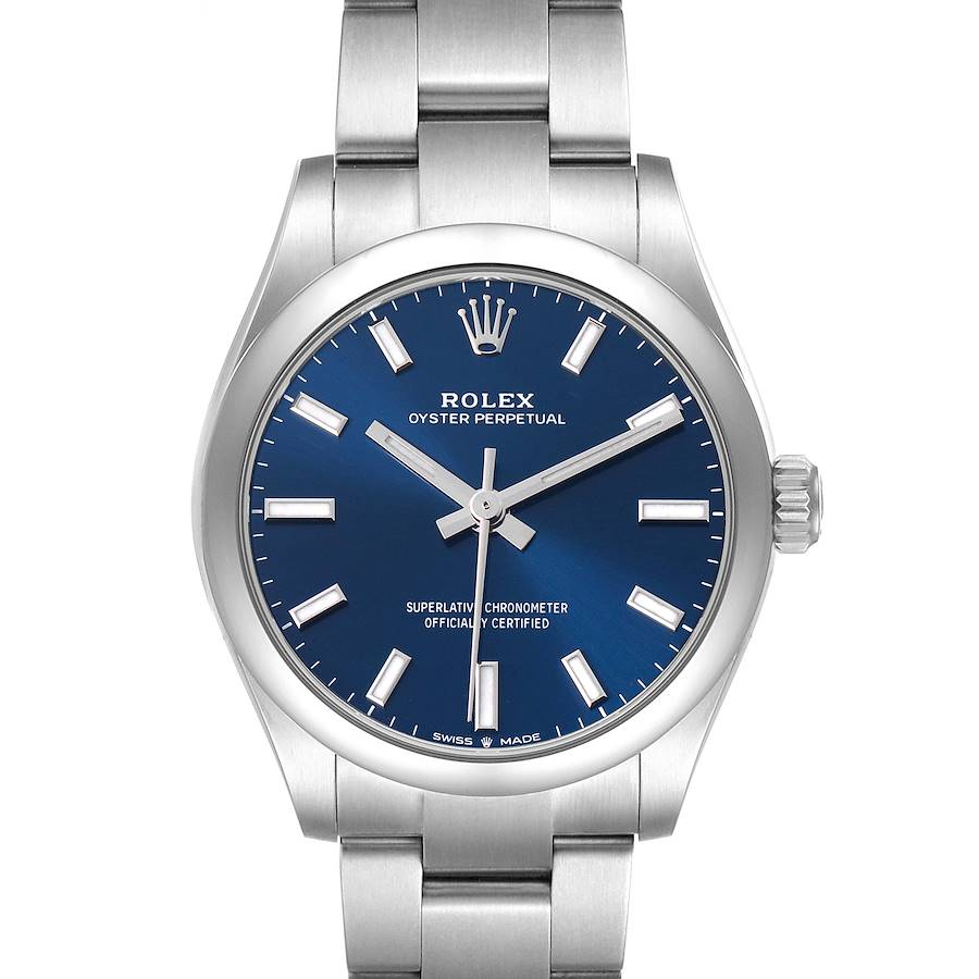 The Rolex Oyster Perpetual 277200 Women's Stainless Steel Blue Dial watch is shown from the front, displaying its blue dial, silver hour markers, and part of the bracelet.