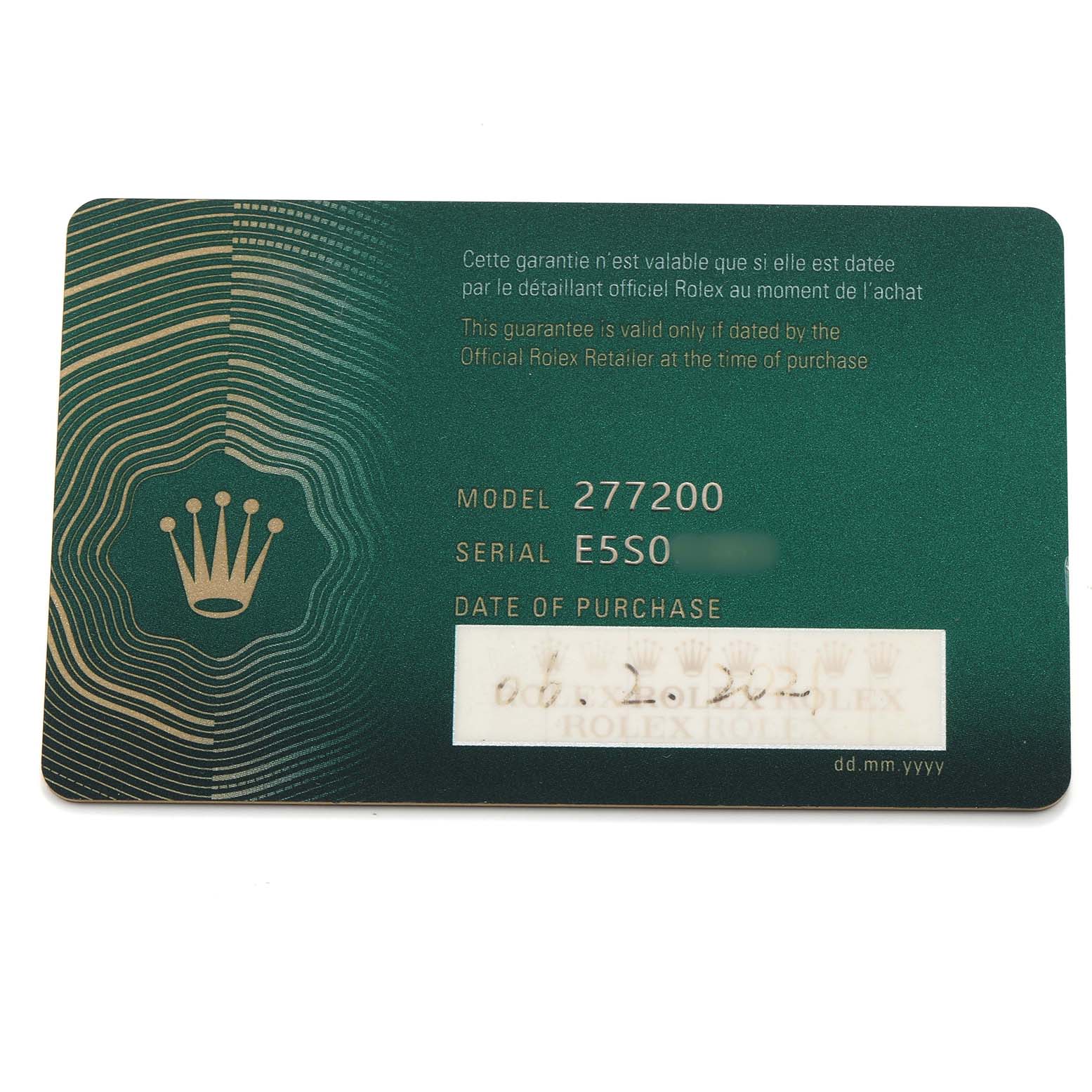 The image shows a Rolex Oyster Perpetual 277200 Women's Stainless Steel Blue Dial guarantee card featuring model and serial numbers.