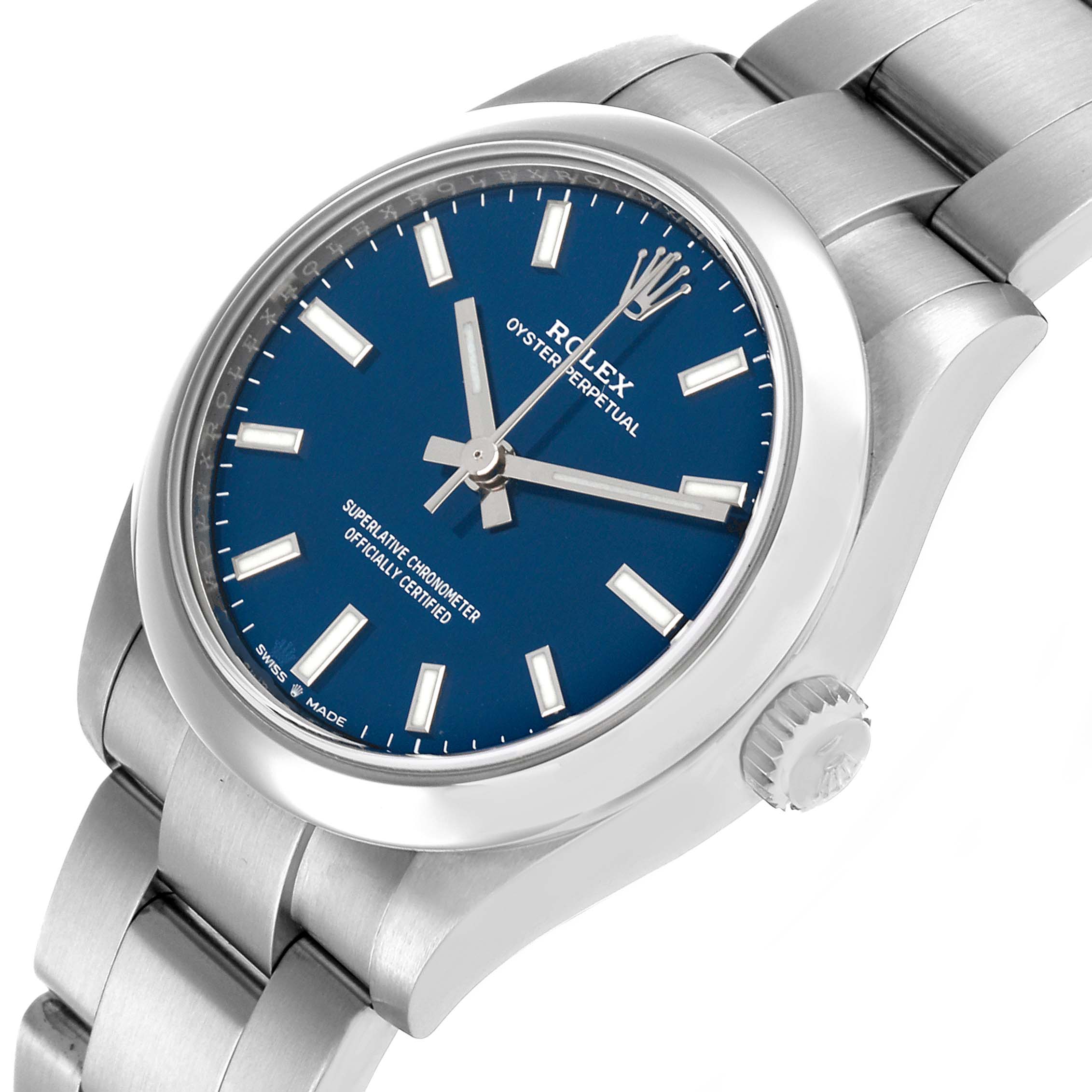 The Rolex Oyster Perpetual 277200 Women's Stainless Steel Blue Dial watch is shown from an angled view, highlighting the dial, case, crown, and bracelet.