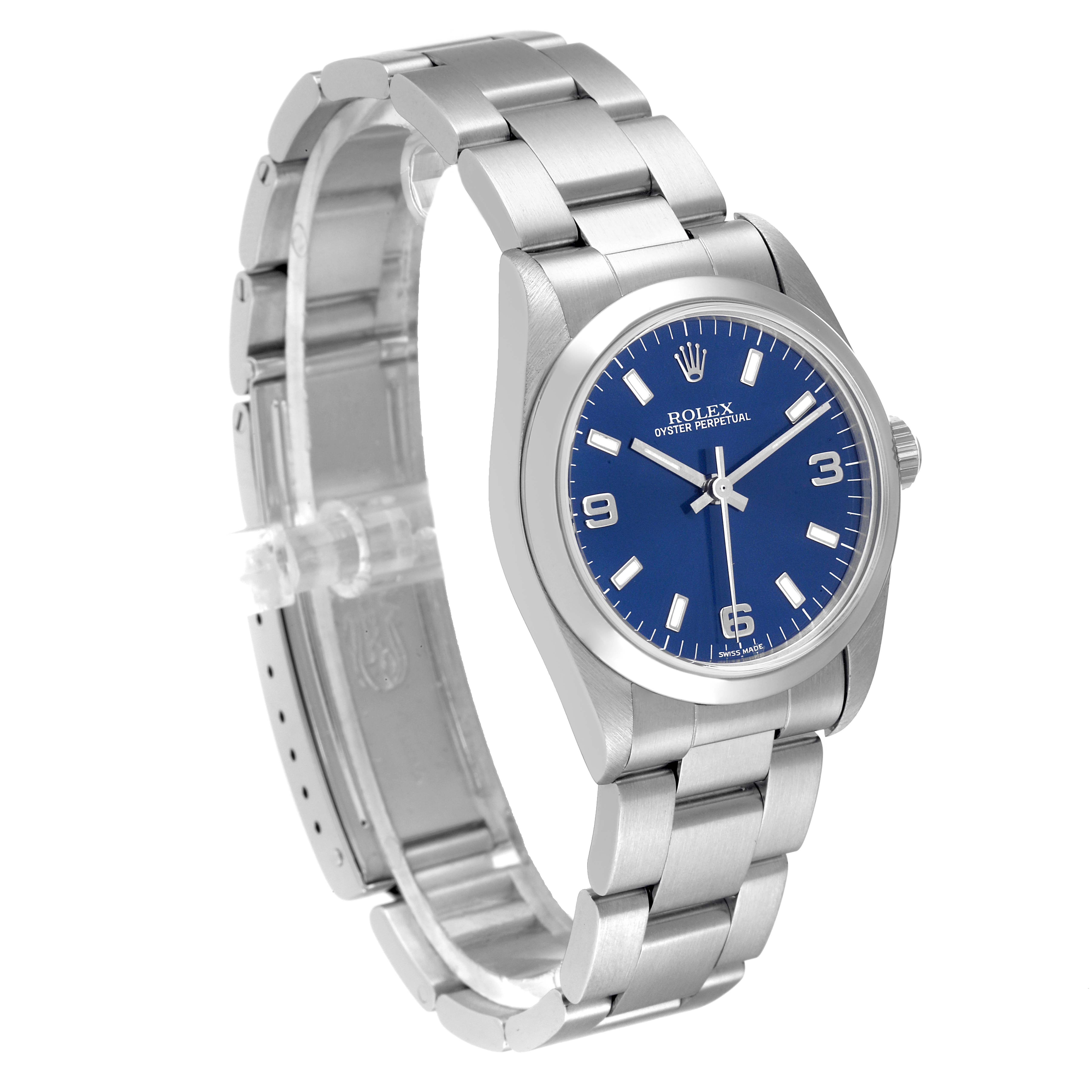 This image shows a Rolex Mid-Size 77080 Women
s Stainless Steel Blue Dial 77080 Women
s Stainless Steel Blue Dial model watch at a slight angle, displaying the face, bezel, case, and bracelet.