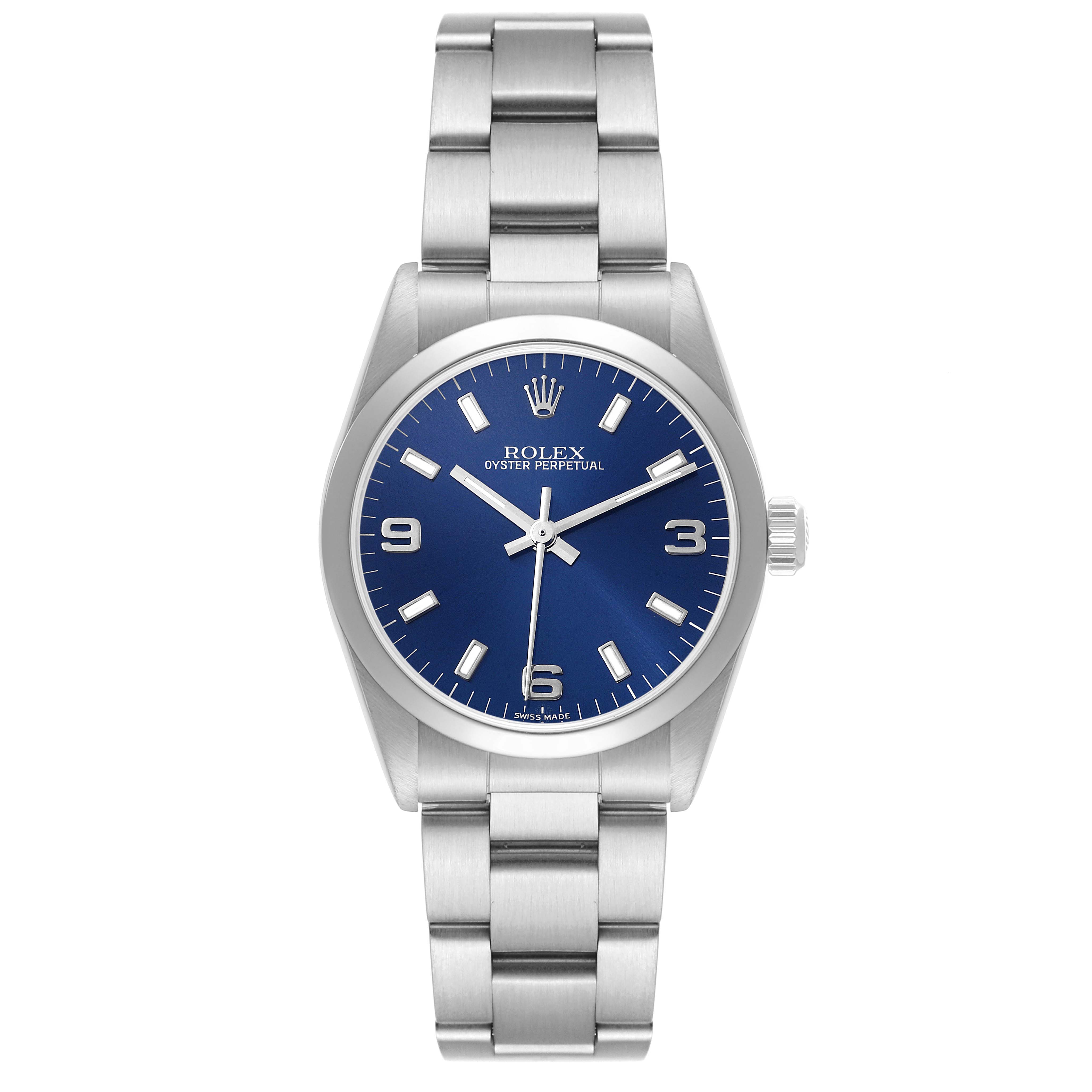 The image shows a front view of a Rolex Mid-Size 77080 Women
s Stainless Steel Blue Dial 77080 Women
s Stainless Steel Blue Dial Oyster Perpetual watch with a blue dial and stainless steel bracelet.