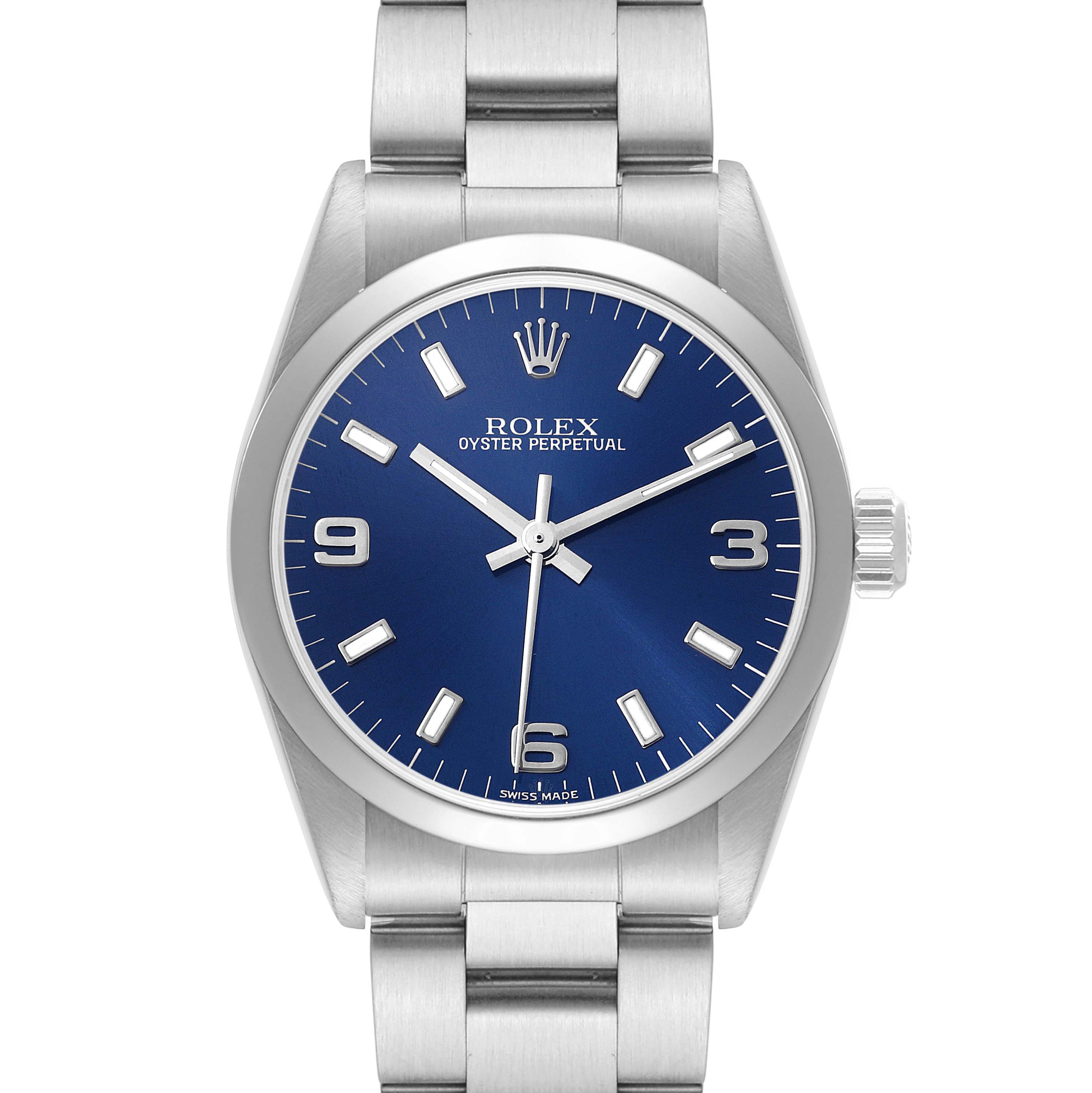 The image shows a front view of a Rolex Oyster Perpetual Mid-Size watch with a blue dial and a stainless steel bracelet.