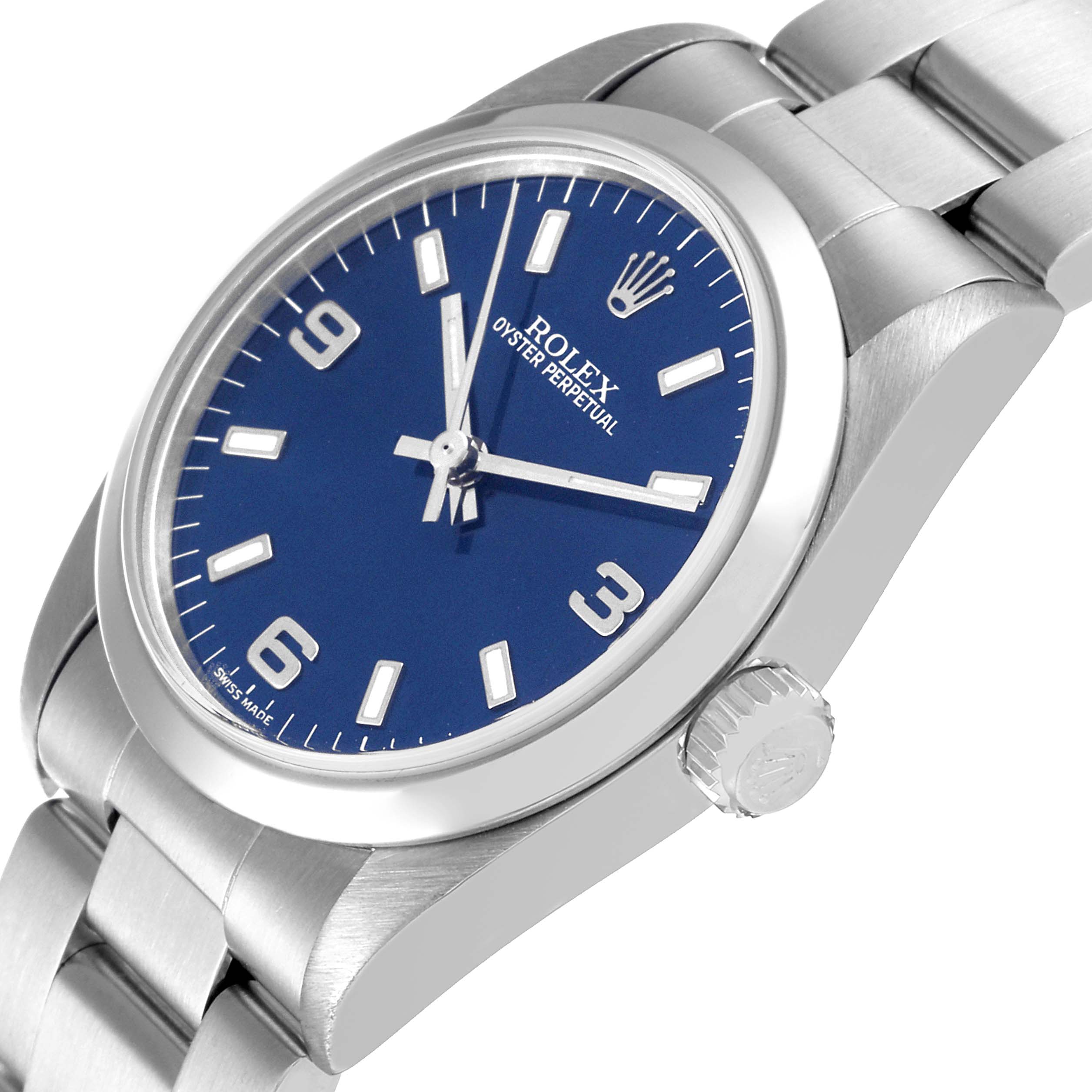 The Rolex Mid-Size 77080 Women
s Stainless Steel Blue Dial 77080 Women
s Stainless Steel Blue Dial model watch is shown at an angled view, highlighting the blue dial, crown, and part of the bracelet.