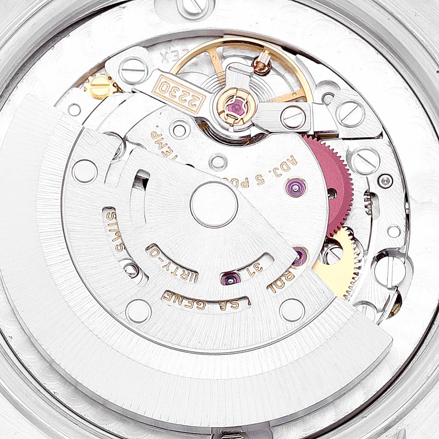 This image shows the inner mechanical workings of a Rolex Mid-Size 77080 Women
s Stainless Steel Blue Dial 77080 Women
s Stainless Steel Blue Dial model watch, viewed from the back.