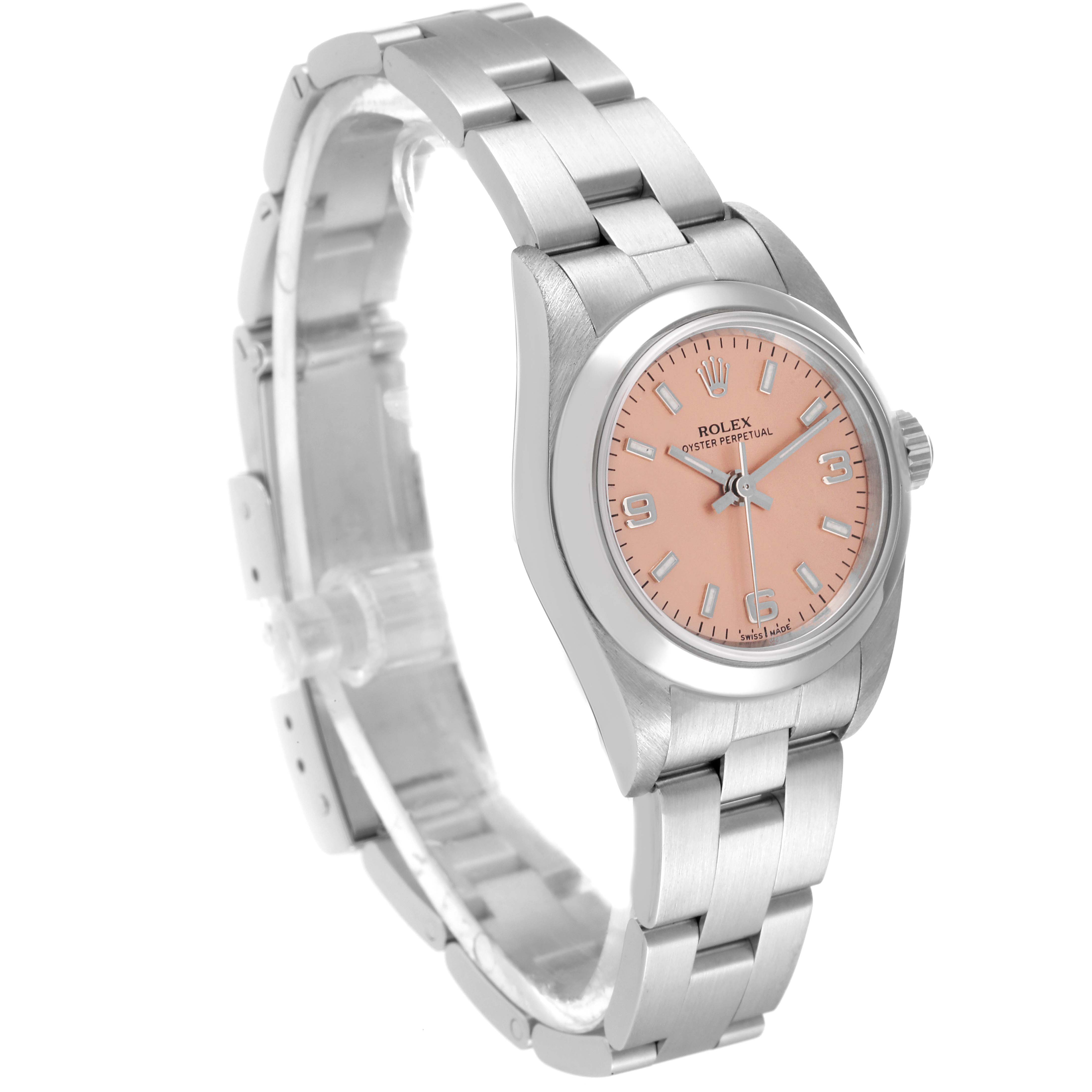 The image shows a Rolex Oyster Perpetual 76080 Women
s Stainless Steel Pink Dial 76080 Women
s Stainless Steel Pink Dial watch at a slight angle, highlighting the dial, case, crown, and bracelet.