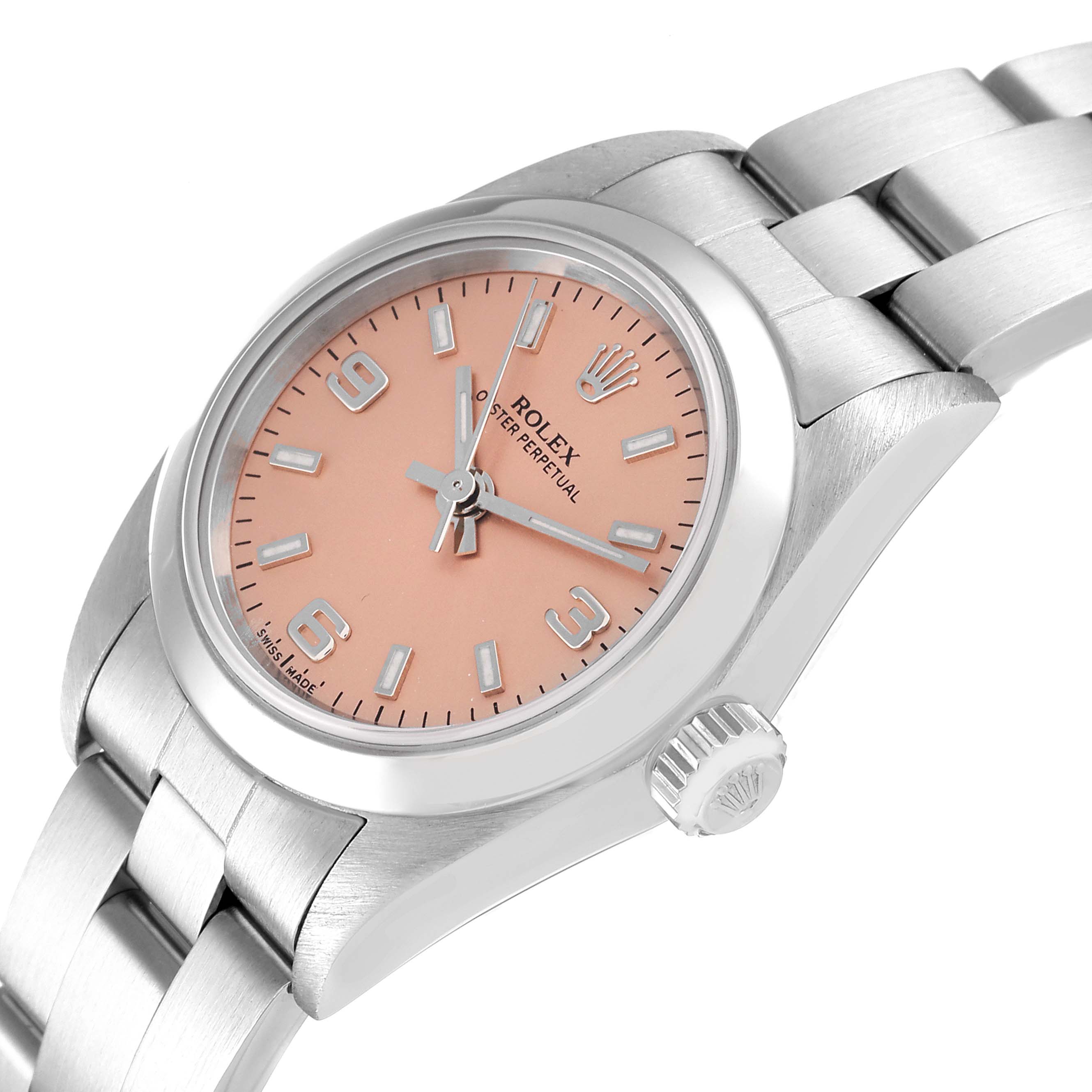 The image shows a side angle of a Rolex Oyster Perpetual 76080 Women
s Stainless Steel Pink Dial 76080 Women
s Stainless Steel Pink Dial watch, highlighting the bezel, crown, dial, and part of the bracelet.