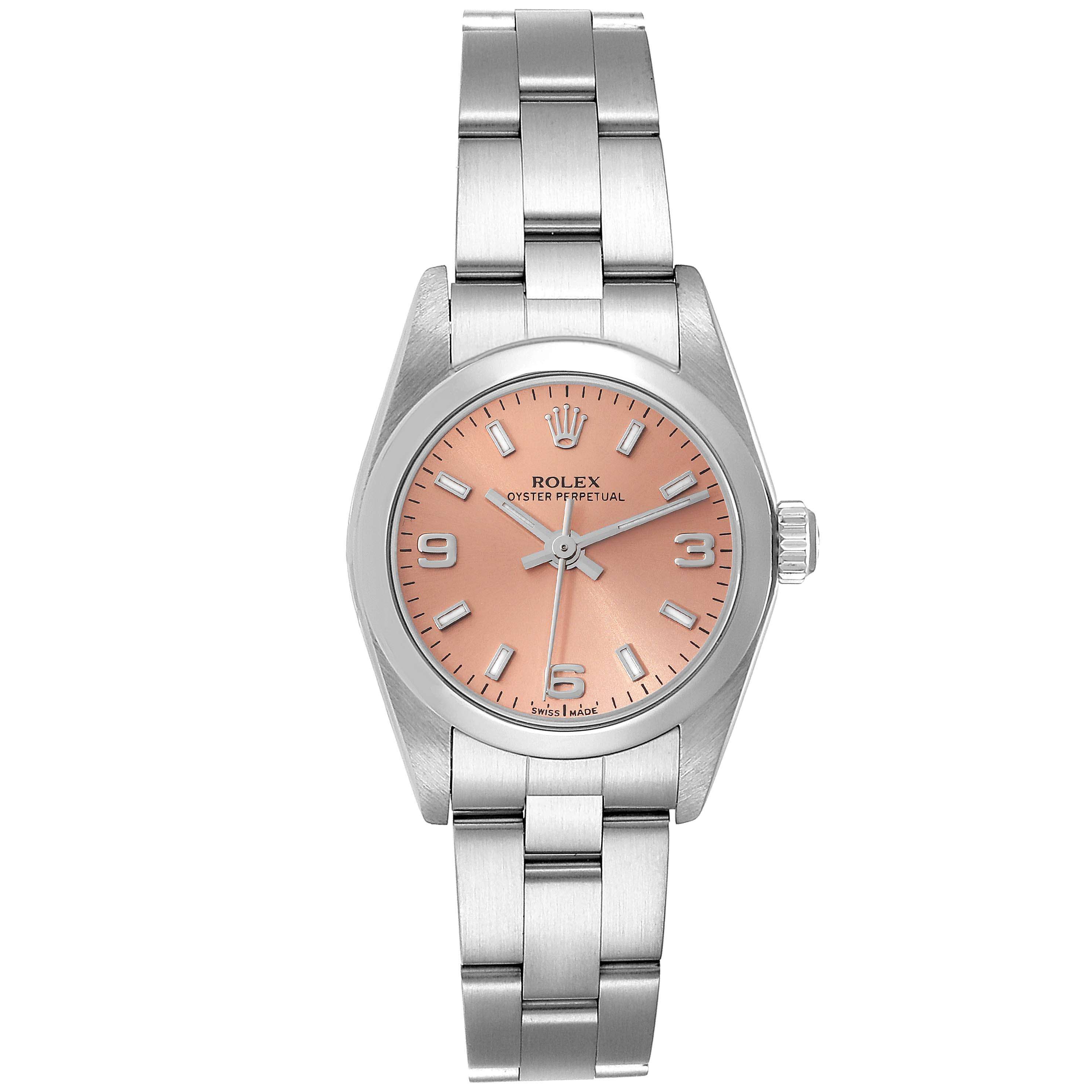 This is a front view of a Rolex Oyster Perpetual 76080 Women
s Stainless Steel Pink Dial 76080 Women
s Stainless Steel Pink Dial watch, showing the dial, case, bracelet, and crown.