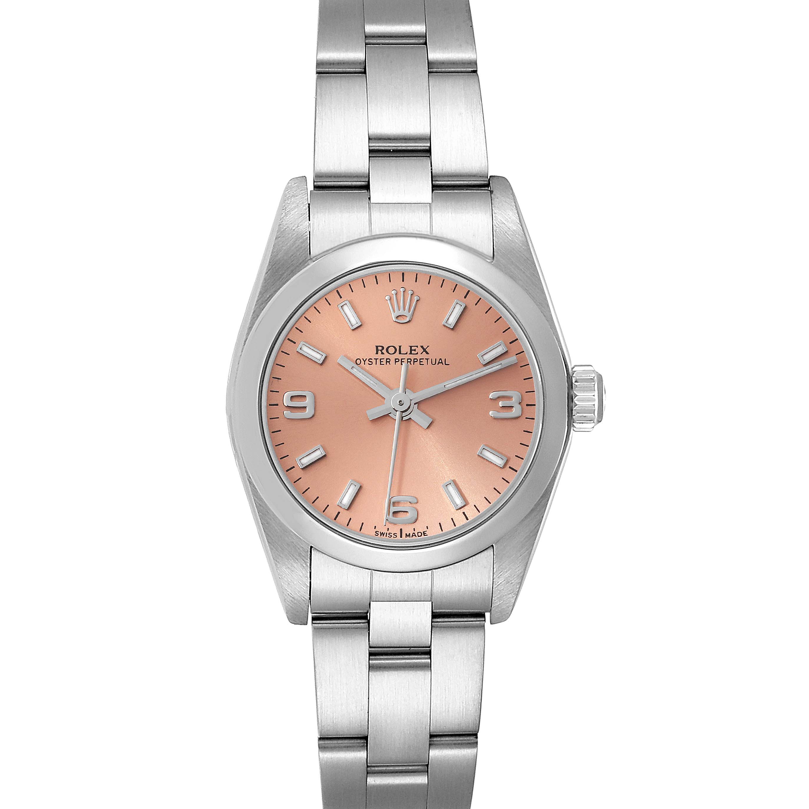 The image shows a full front view of the Rolex Oyster Perpetual 76080 Women
s Stainless Steel Pink Dial 76080 Women
s Stainless Steel Pink Dial watch with a pink dial and stainless steel bracelet.