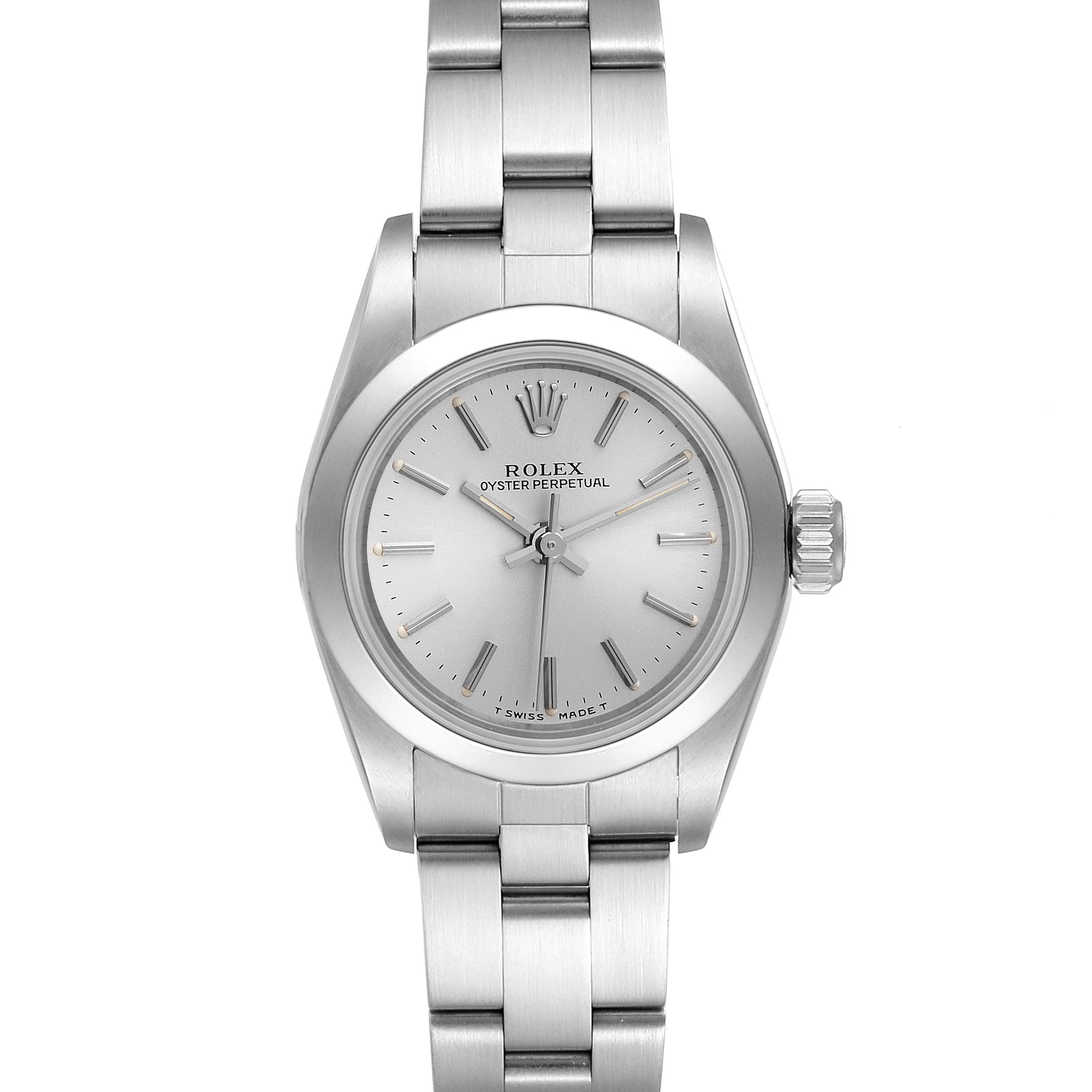 This image shows a front view of the Rolex Oyster Perpetual 67180 Women's Stainless Steel Silver Dial 67180 Women's Stainless Steel Silver Dial watch, displaying its dial, bezel, and bracelet.