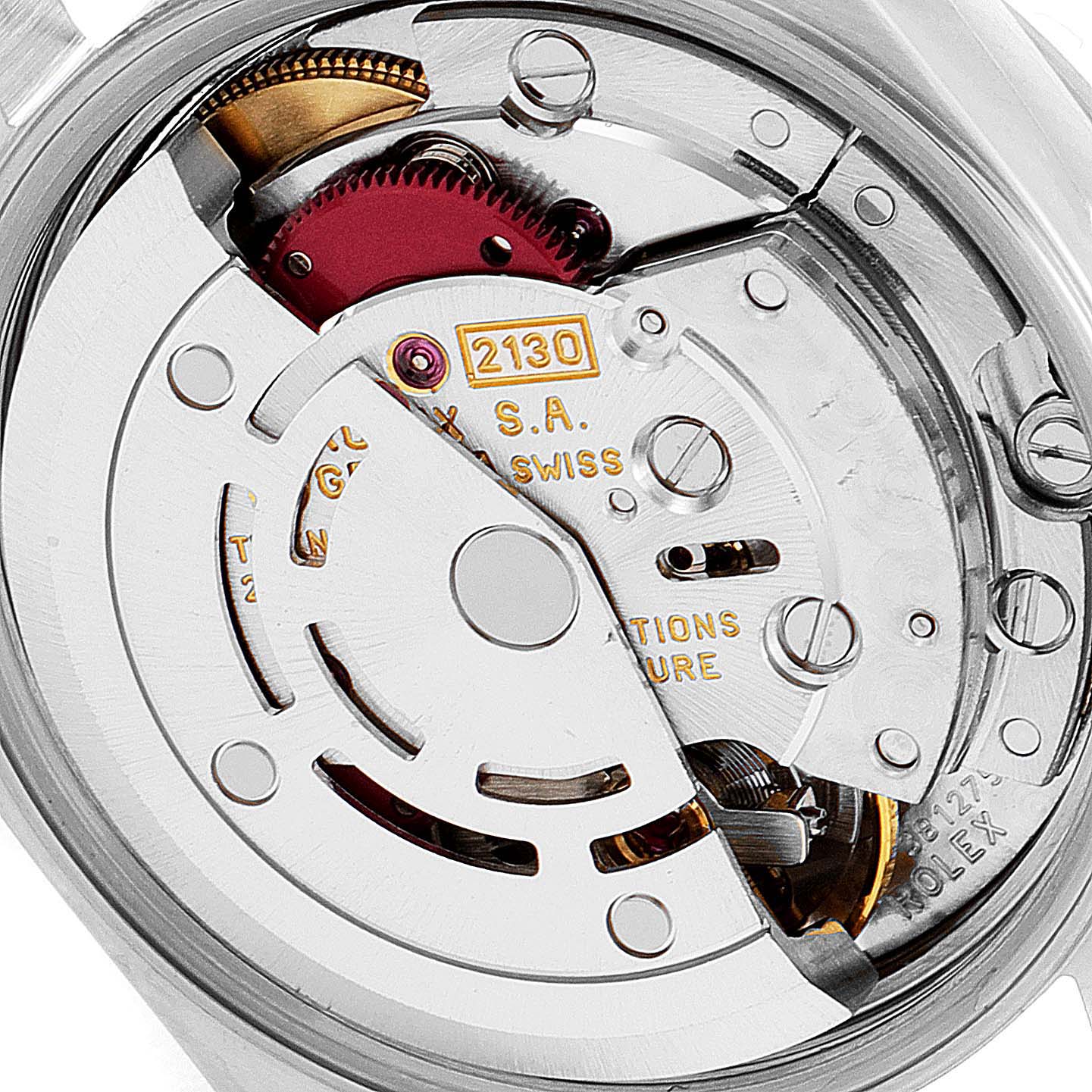 The image shows the internal movement mechanism of a Rolex Oyster Perpetual 67180 Women's Stainless Steel Silver Dial 67180 Women's Stainless Steel Silver Dial watch from a close-up angle.