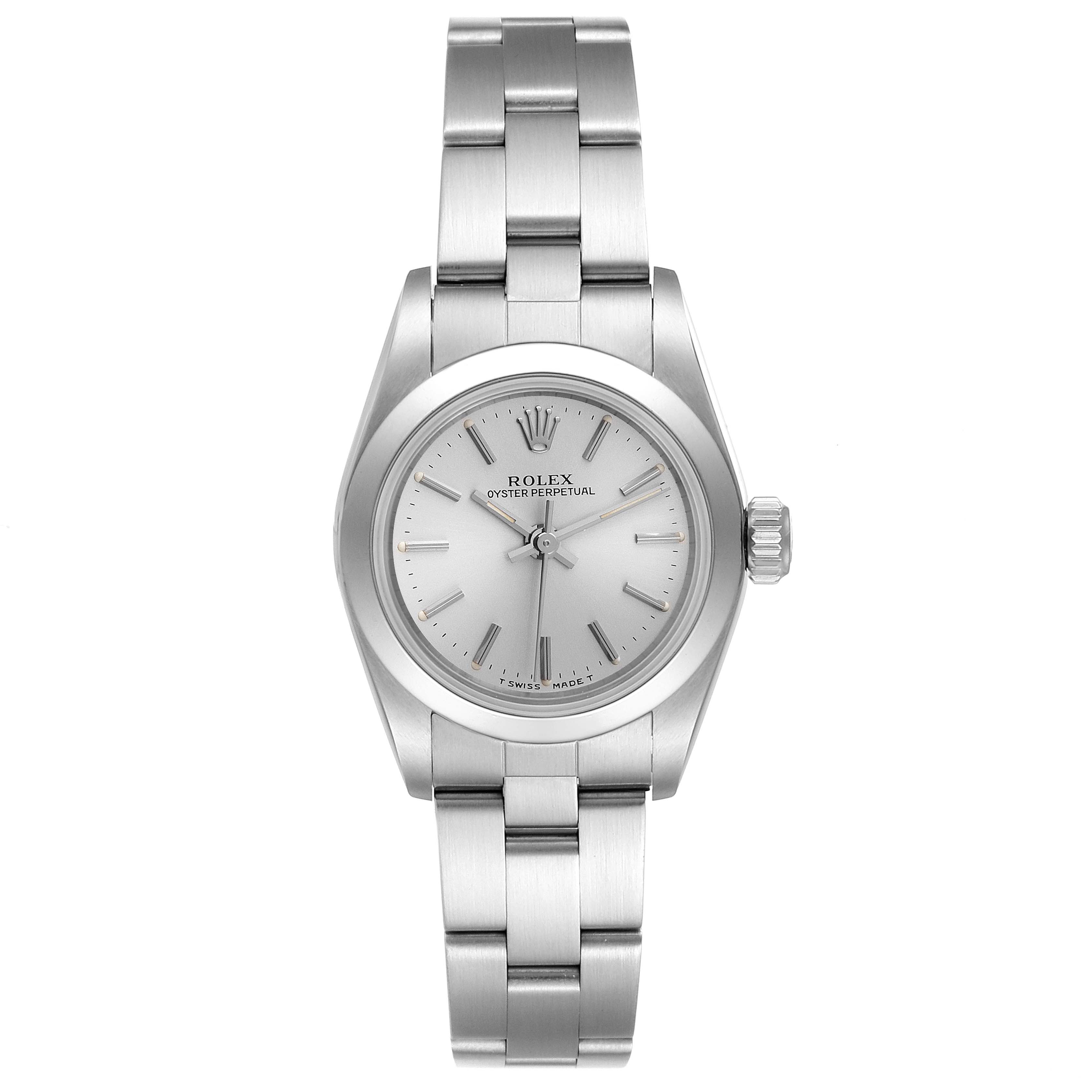 This is a front view of the Rolex Oyster Perpetual 67180 Women's Stainless Steel Silver Dial 67180 Women's Stainless Steel Silver Dial watch, showing its dial, case, bracelet, and crown.