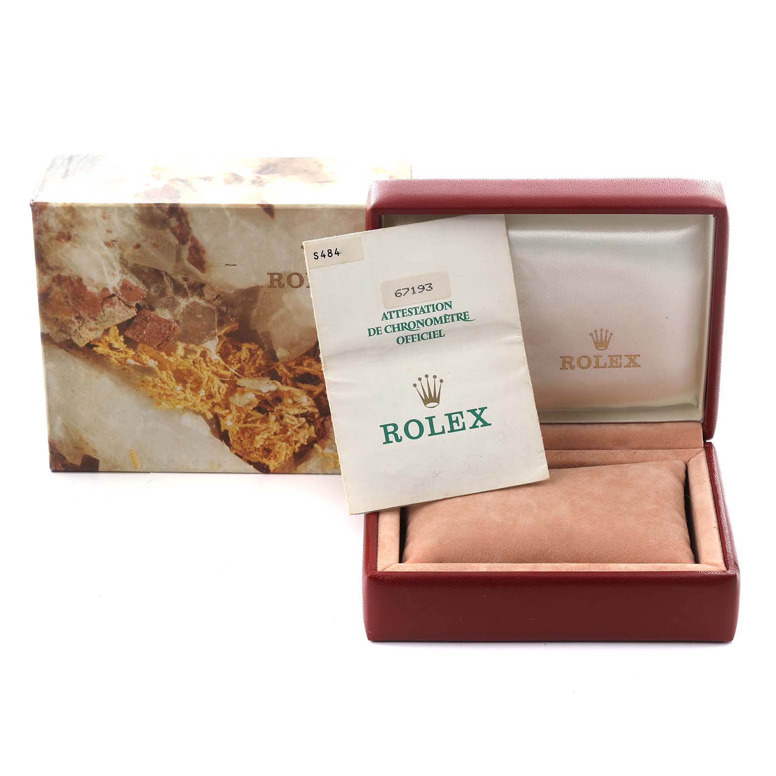 The image shows a Rolex Oyster Perpetual 67193 Women's Steel and Gold (two tone) Champagne Dial 67193 Women's Steel and Gold (two tone) Champagne Dial model's box and official documentation from the front.