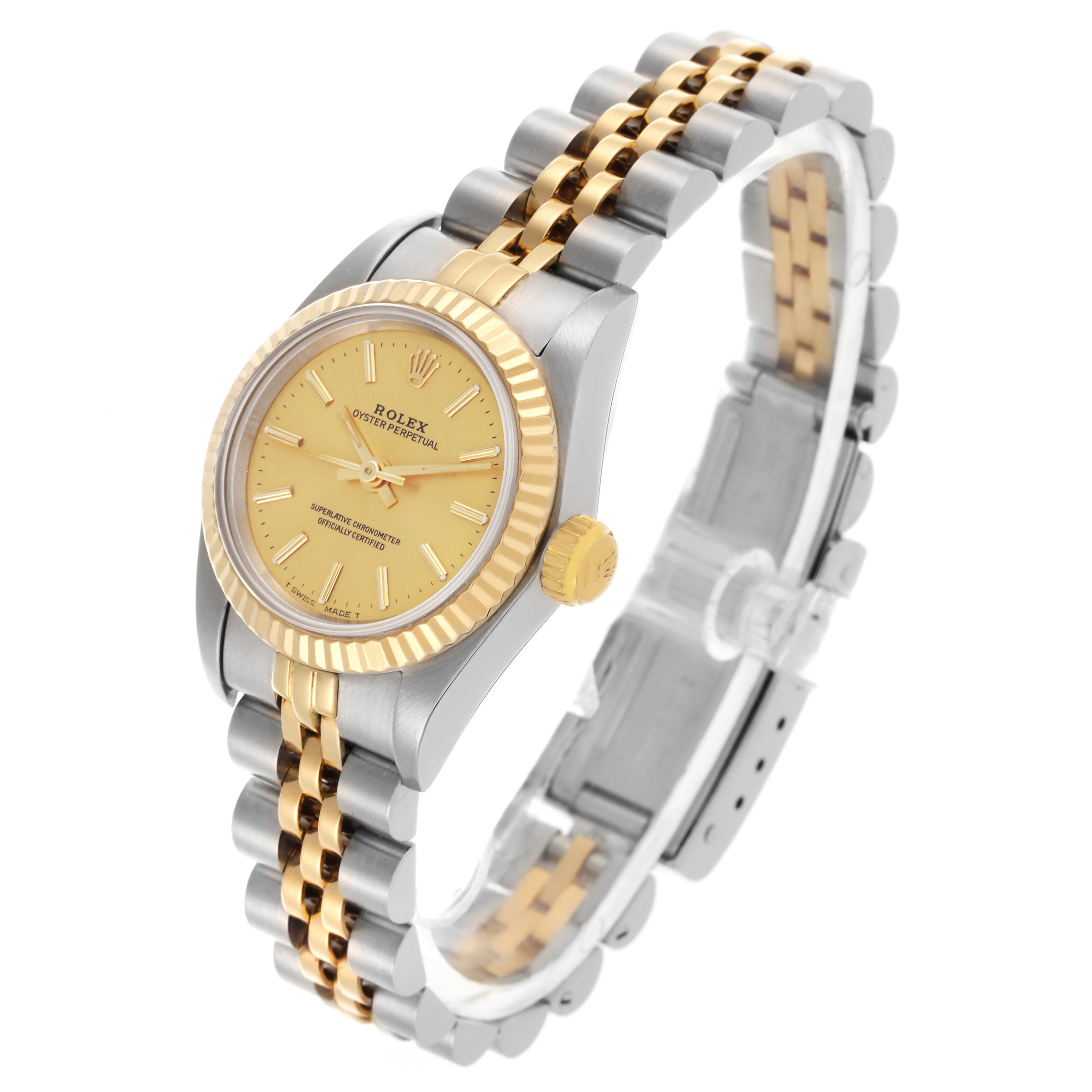 The Rolex Oyster Perpetual 67193 Women's Steel and Gold (two tone) Champagne Dial 67193 Women's Steel and Gold (two tone) Champagne Dial is shown at a three-quarter angle, highlighting the face, bezel, crown, and bracelet.